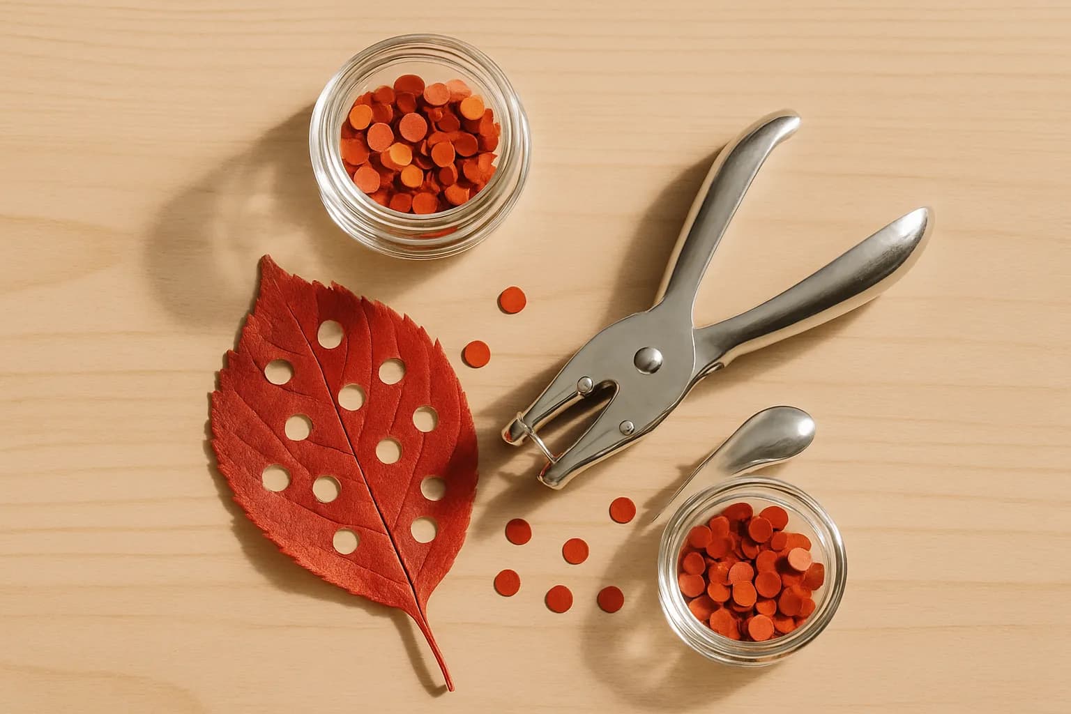 A hole punch cutting dots from a red autumn leaf, with punched leaf confetti collected in a small glass jar on a wooden table