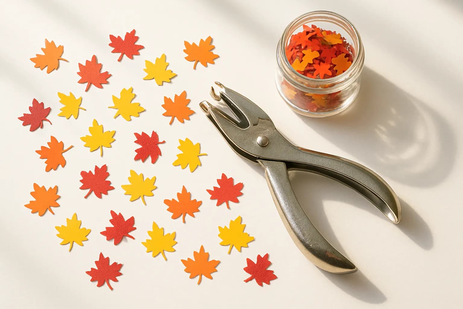 Autumn leaf confetti punched from fallen leaves, beside a hole punch and jar.