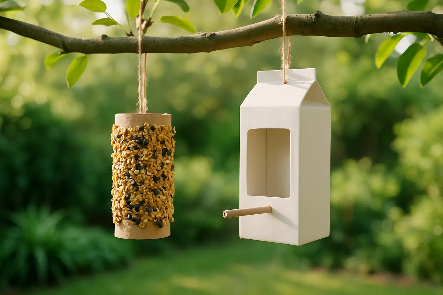 A toilet roll tube coated in birdseed and a clean carton feeder with a perch stick, hanging from a garden branch