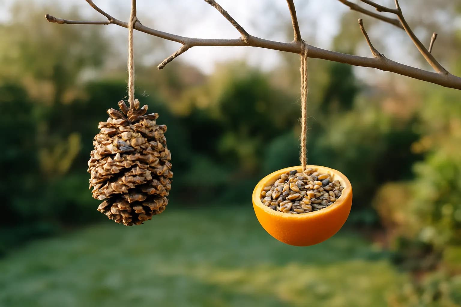 A pinecone seed feeder and an orange-half seed feeder hanging from a branch.