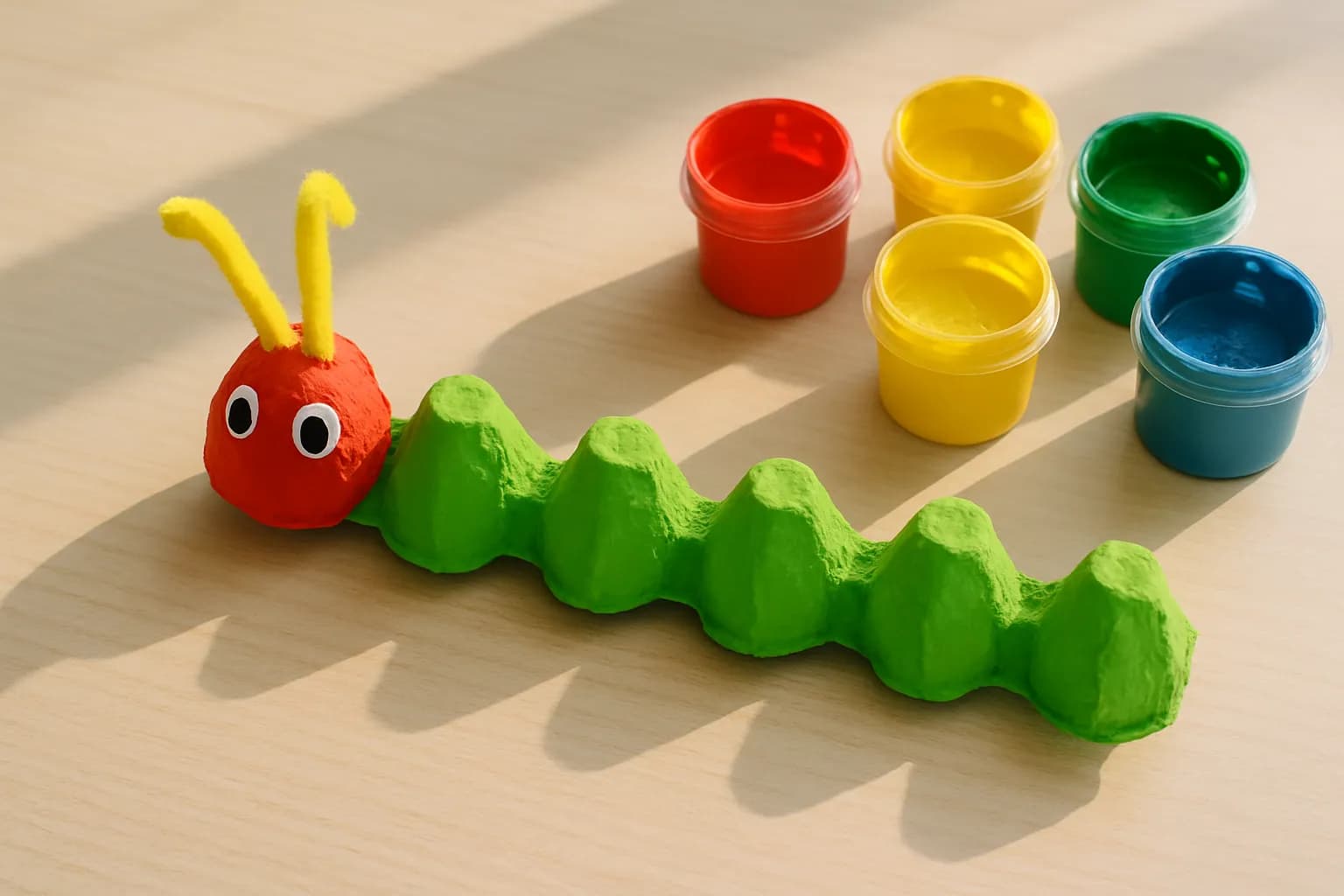 An egg carton cut and painted as a bright caterpillar with pipe-cleaner antennae, drying on a classroom table beside paint pots