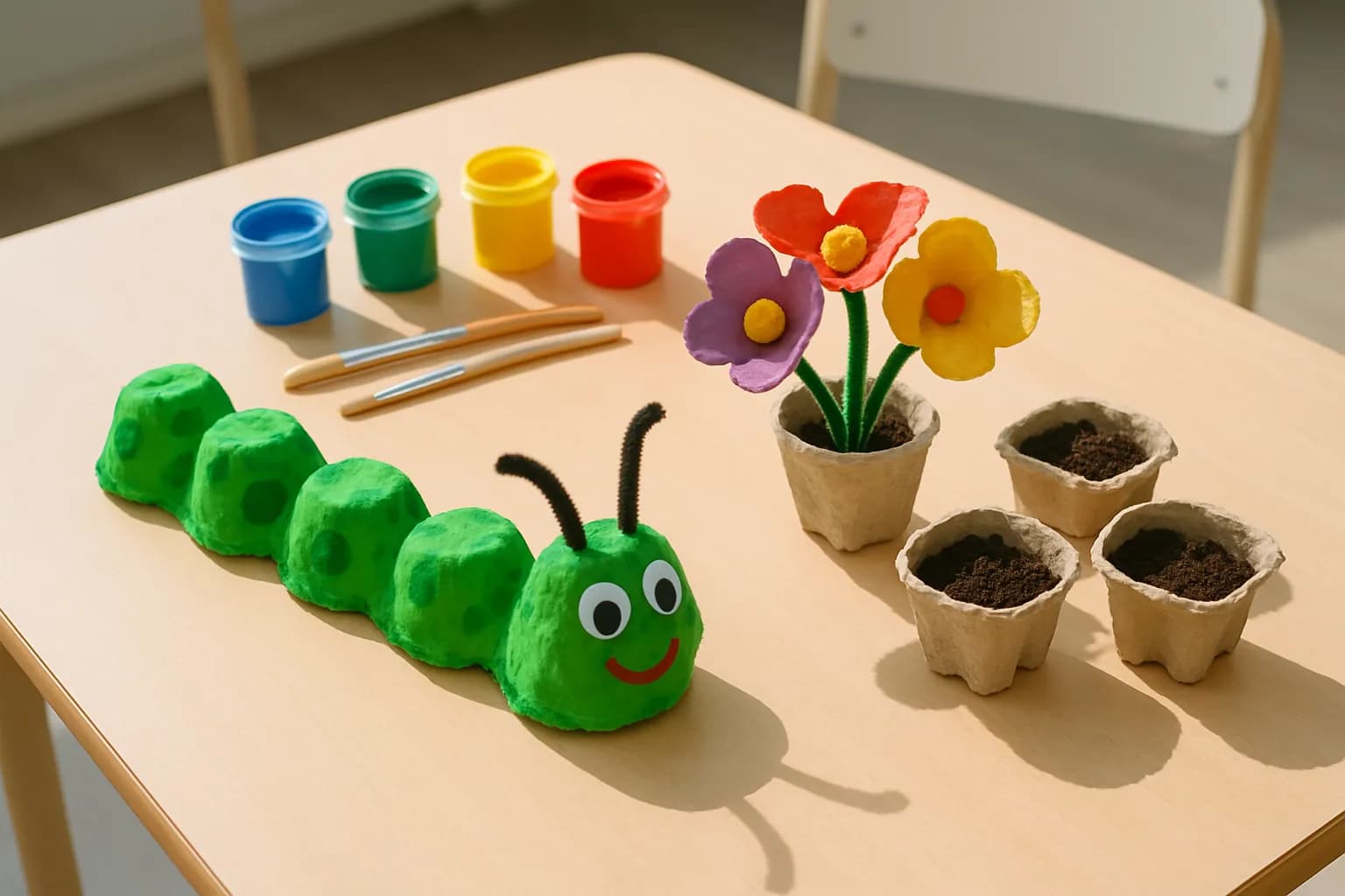 Egg carton crafts — a caterpillar, flowers, and seed starters — on a classroom table.