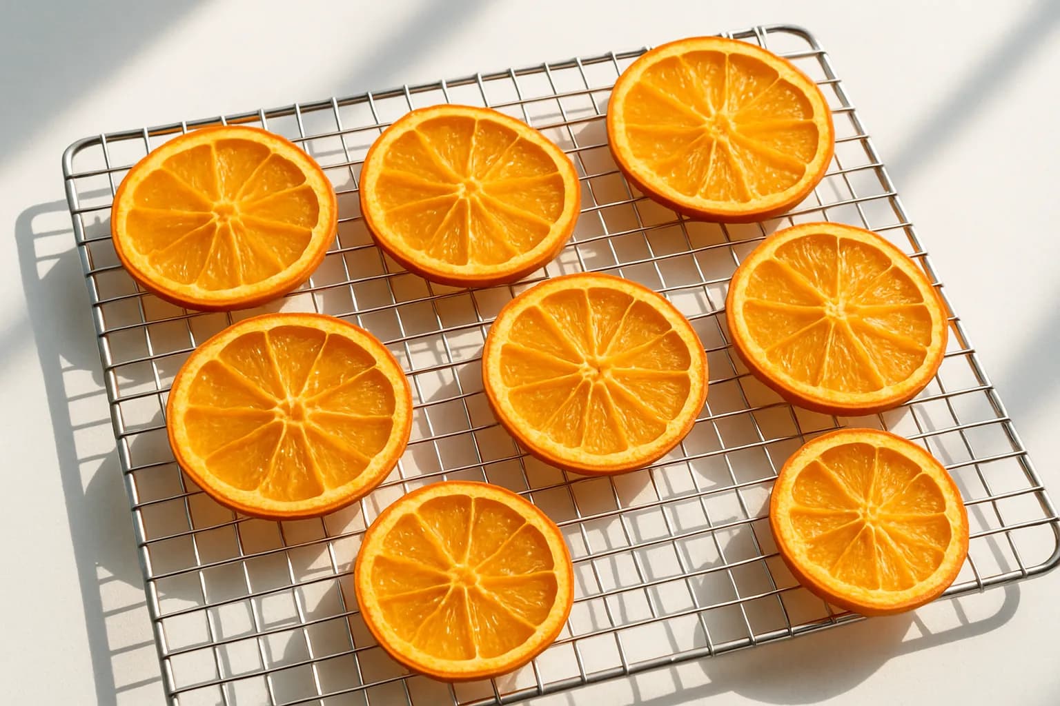 Orange slices laid out on a wire cooling rack part-way through drying, showing translucent leathery texture