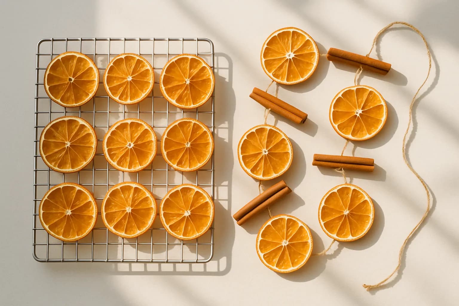 Dried orange slices on a wire rack beside a garland with cinnamon sticks.