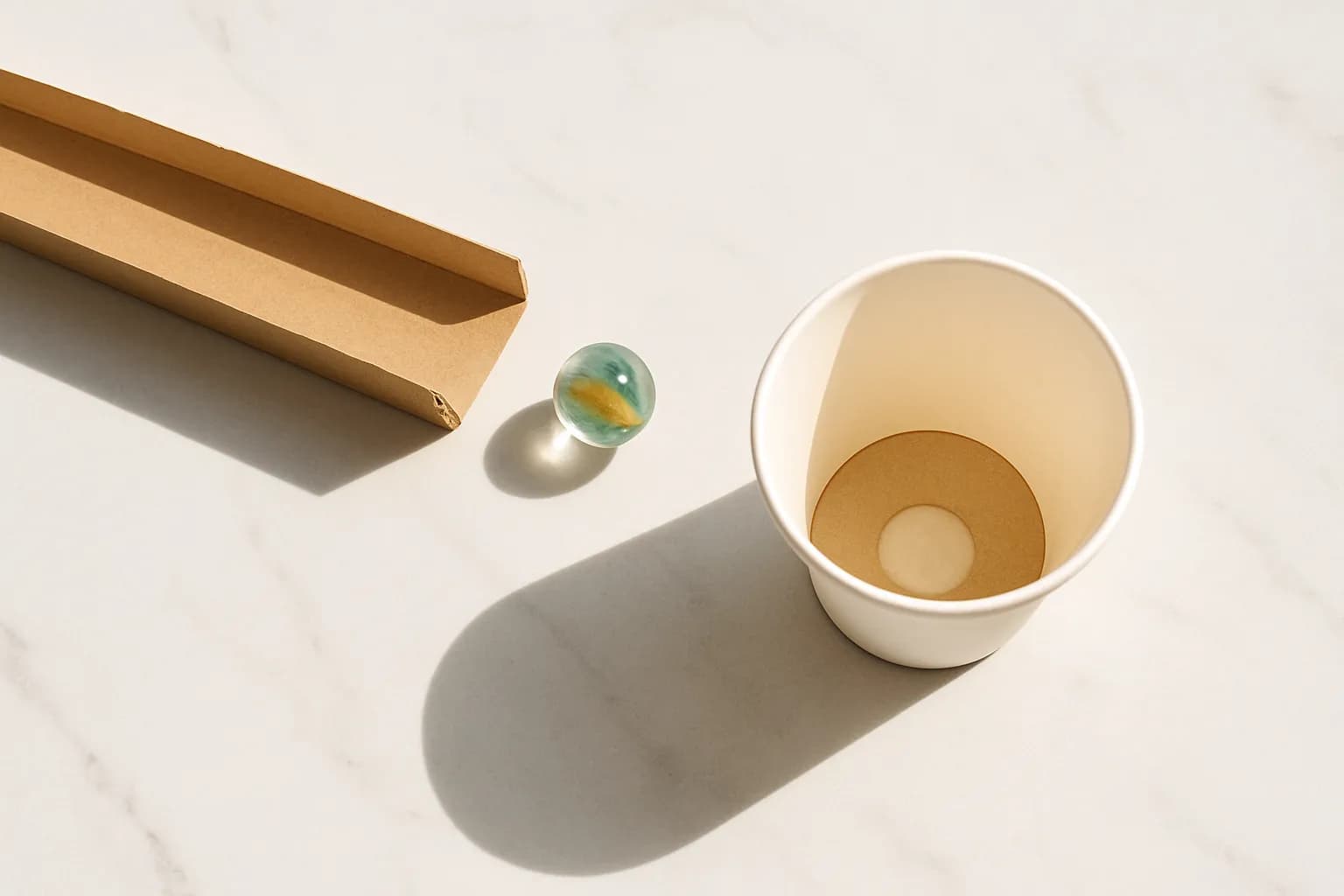 A close-up of an open cardboard channel dropping a marble into a funnel made from a paper cup on a marble run