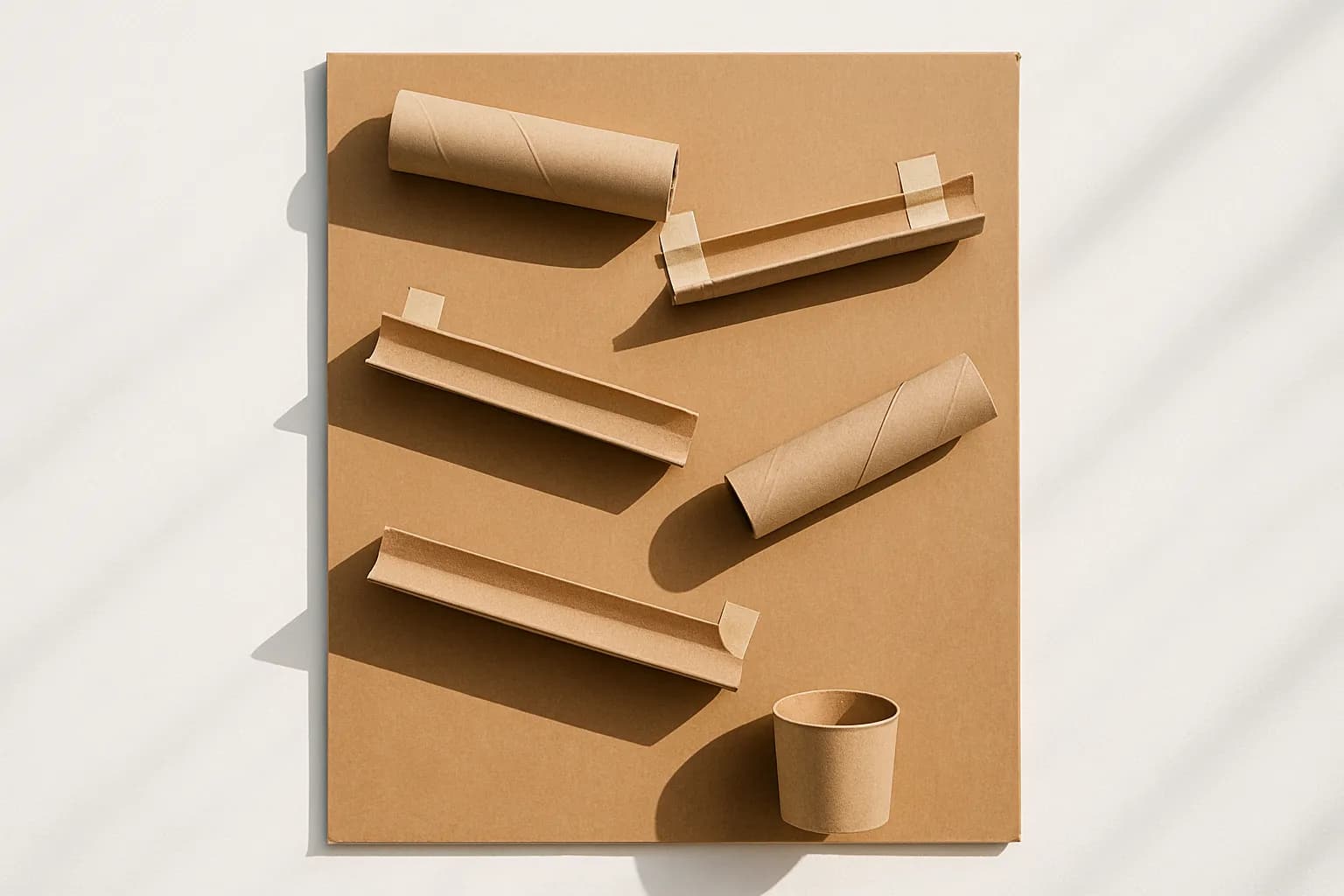 A cardboard marble run of tubes and channels taped down a box with a cup catcher.