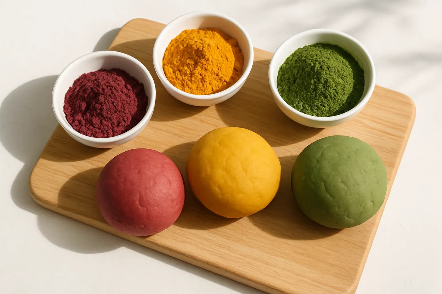 Small bowls of natural coloring ingredients — beetroot powder, turmeric, and spinach powder — beside three balls of naturally colored playdough on a wooden board