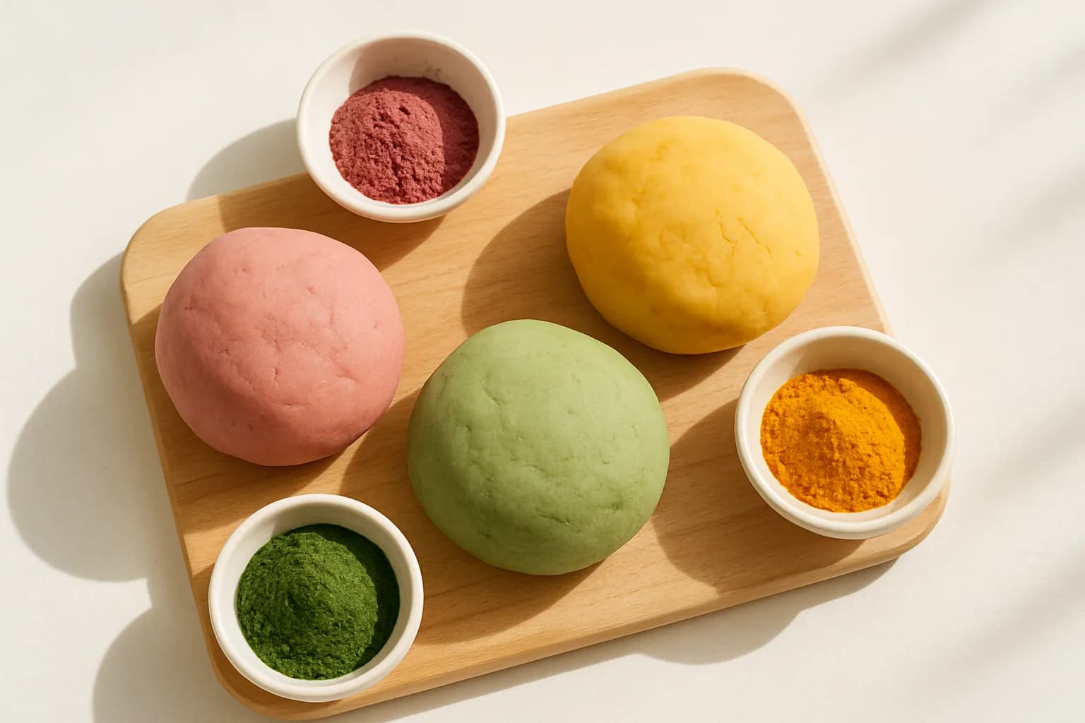 Balls of naturally colored homemade playdough beside bowls of beetroot, turmeric, and spinach.
