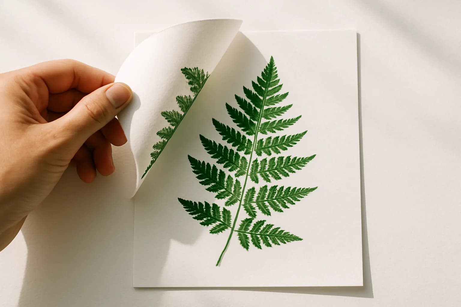 A hand-free close-up of a painted fern leaf being peeled back to reveal its crisp print on white paper