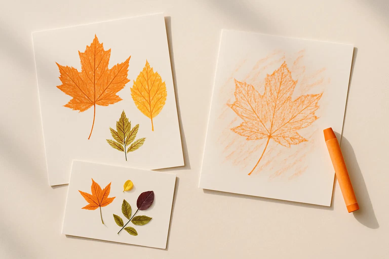 Leaf prints, a crayon leaf rubbing, and a nature collage on paper.