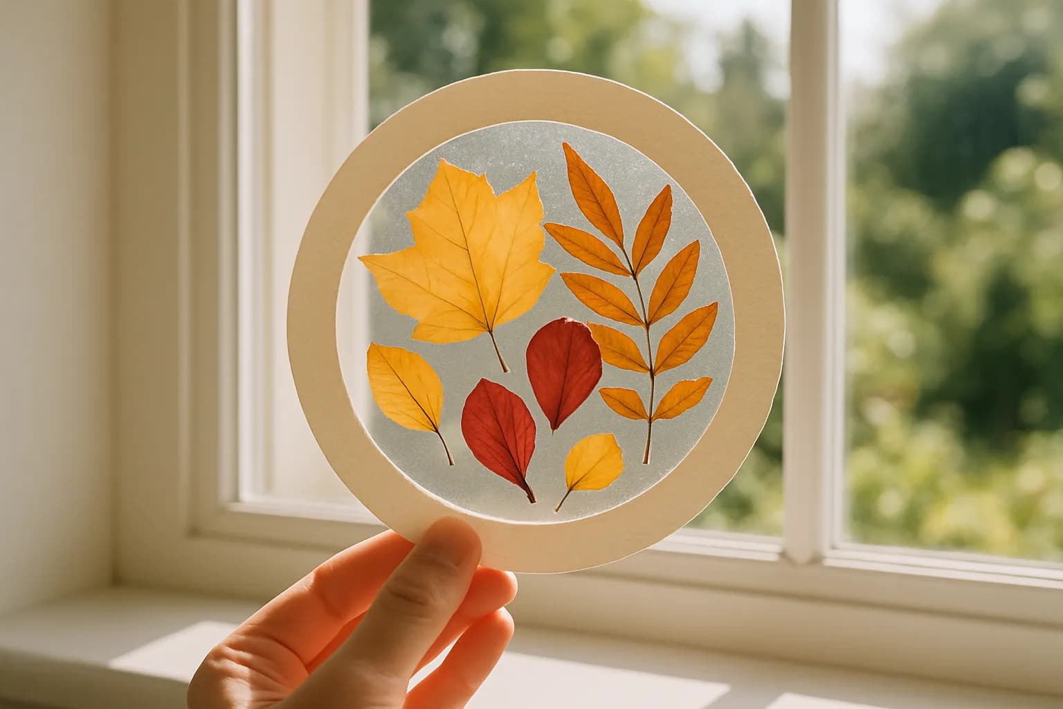 A single nature suncatcher of pressed autumn leaves and petals framed by a paper ring, held up to a bright window
