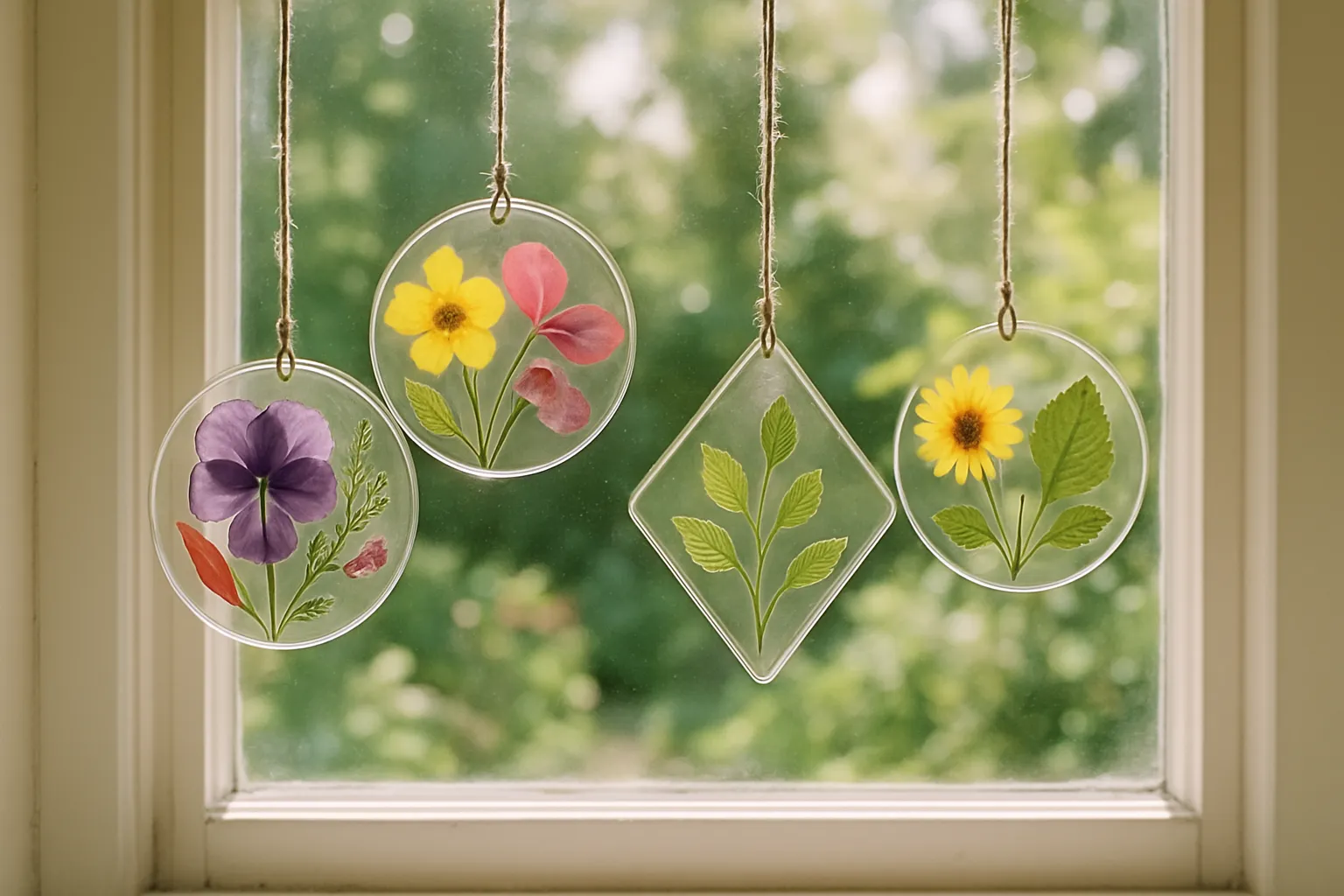 Nature suncatchers of pressed petals and leaves glowing in a sunny window.