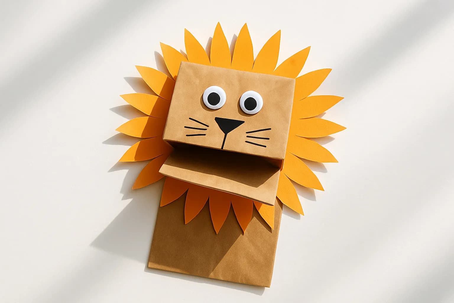A single paper bag lion puppet with a paper mane and googly eyes, shown with its folded-flap mouth open
