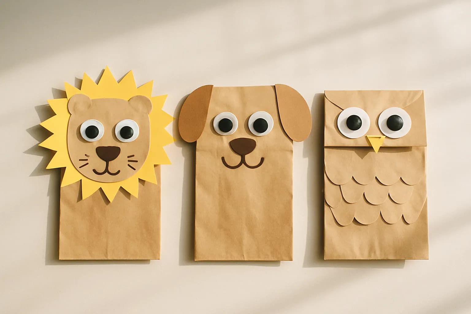 Paper bag puppets made as a lion, a dog, and an owl on a table.
