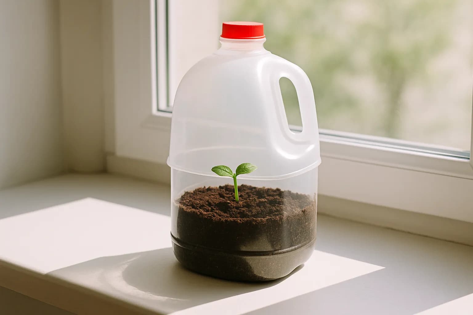 A plastic milk jug cut in half, the bottom filled with soil and a small seedling and the top inverted over it as a clear mini greenhouse dome, on a windowsill