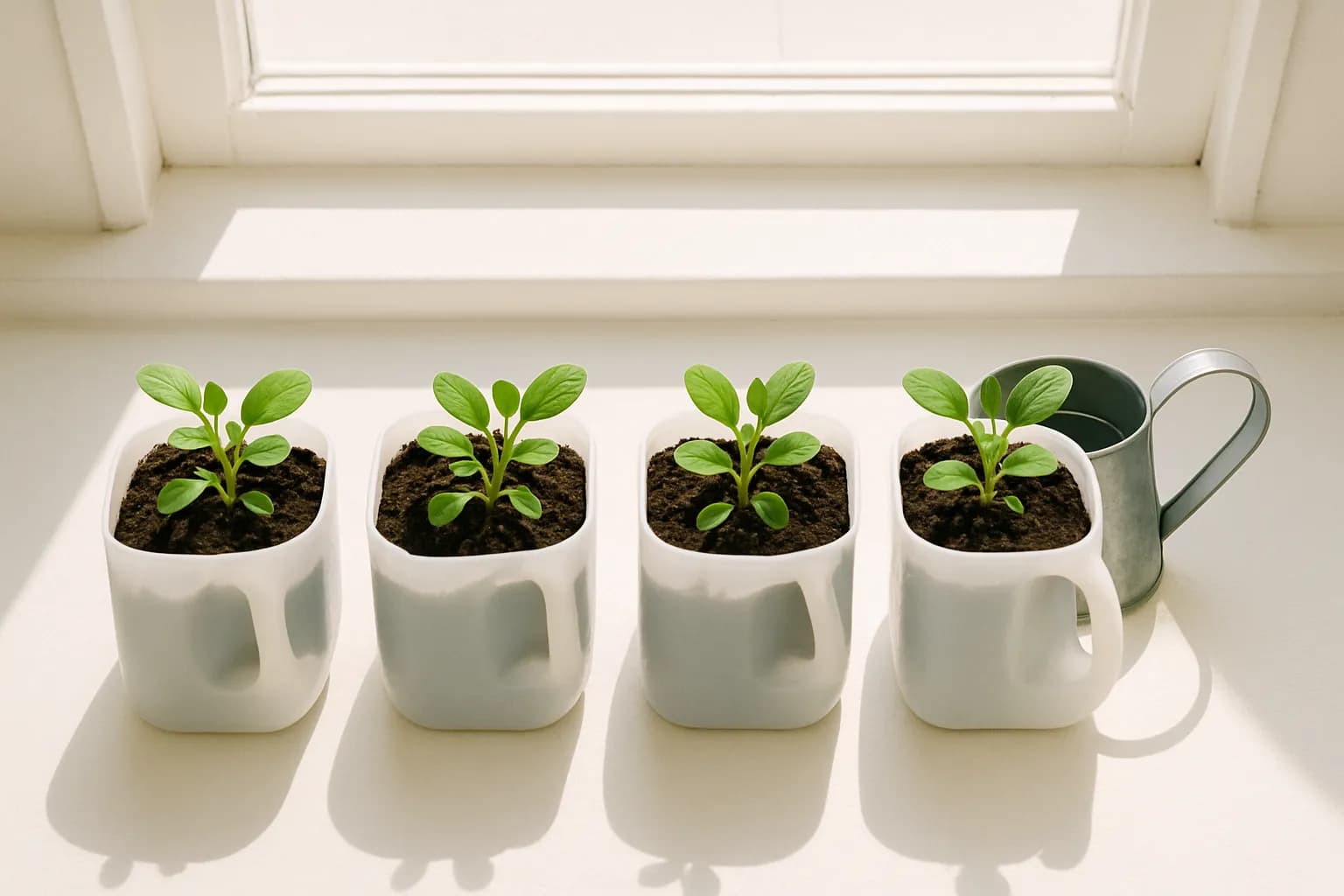 Plastic milk jugs upcycled into seedling planters on a sunny windowsill.