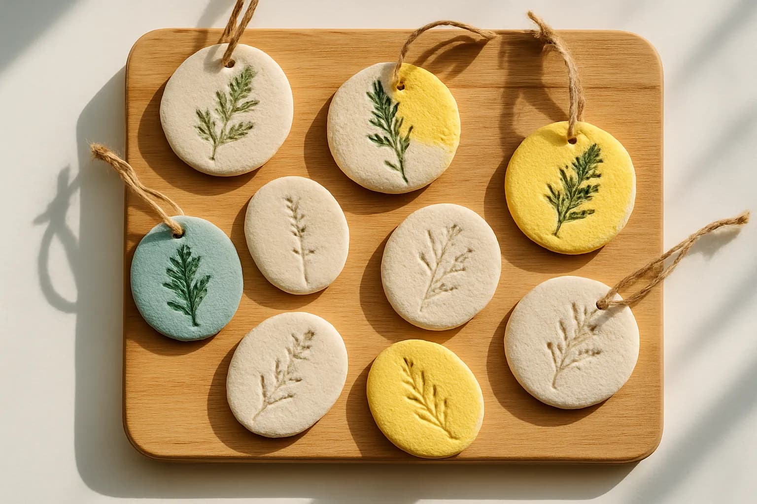Finished salt dough ornaments with pressed-herb imprints, some painted and threaded with twine, arranged on a wooden board