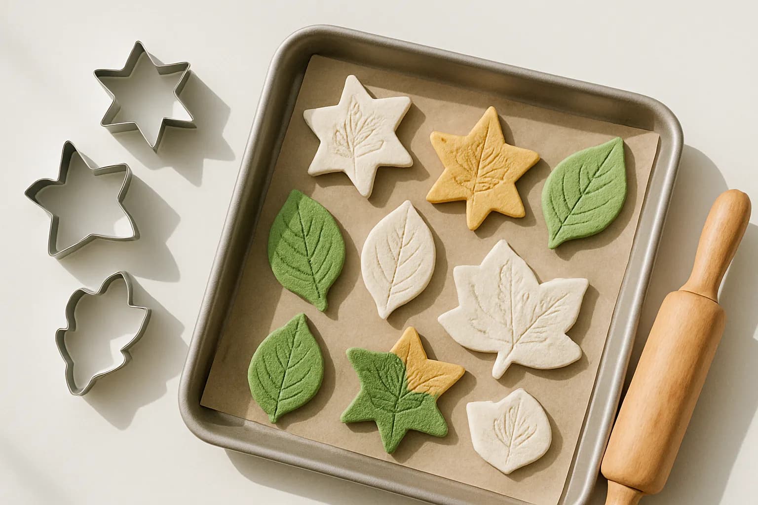 Salt dough ornaments with pressed-leaf imprints drying beside cookie cutters.