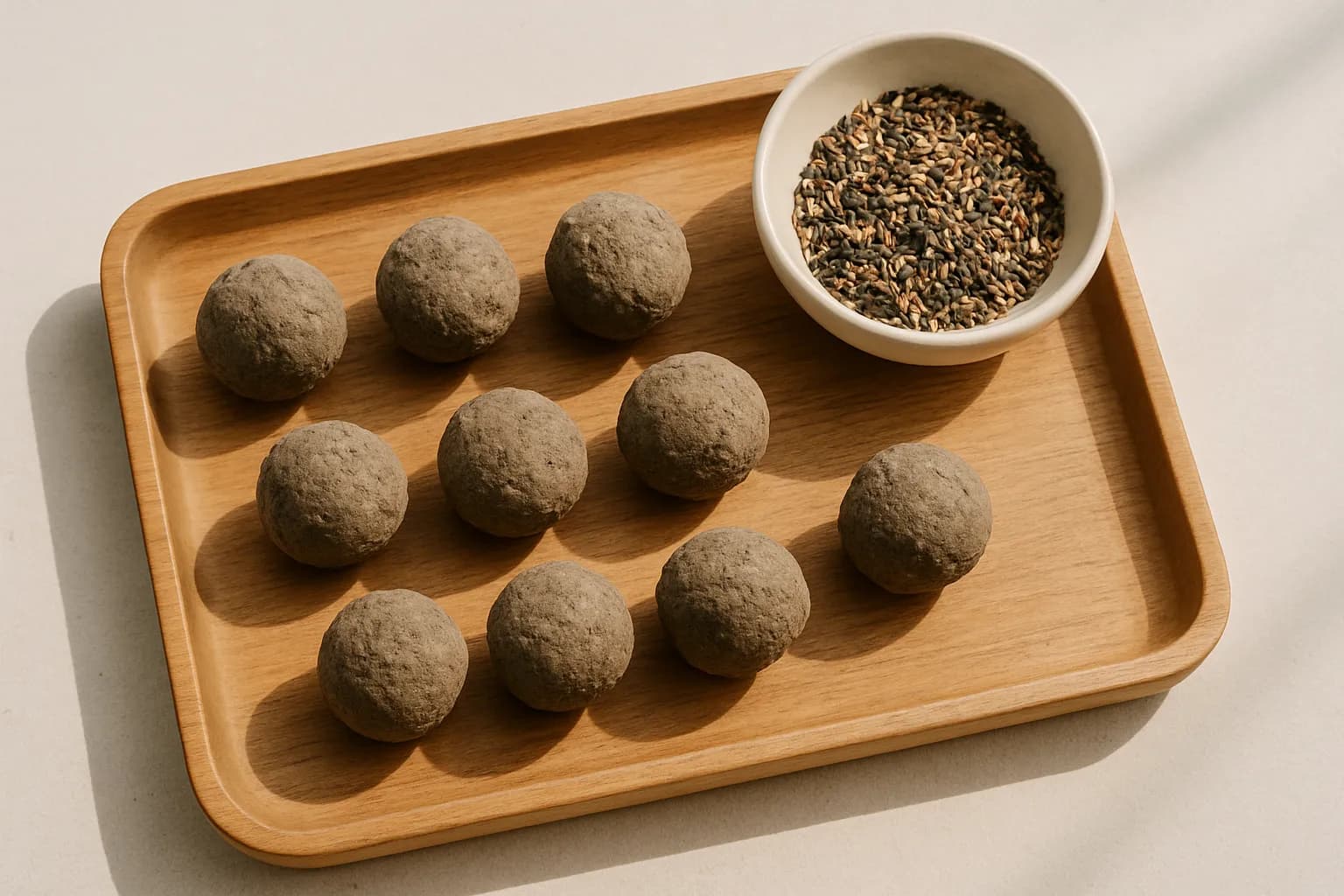 Hands-free close-up of finished seed bombs rolled and drying on a wooden tray beside a small bowl of mixed wildflower seeds