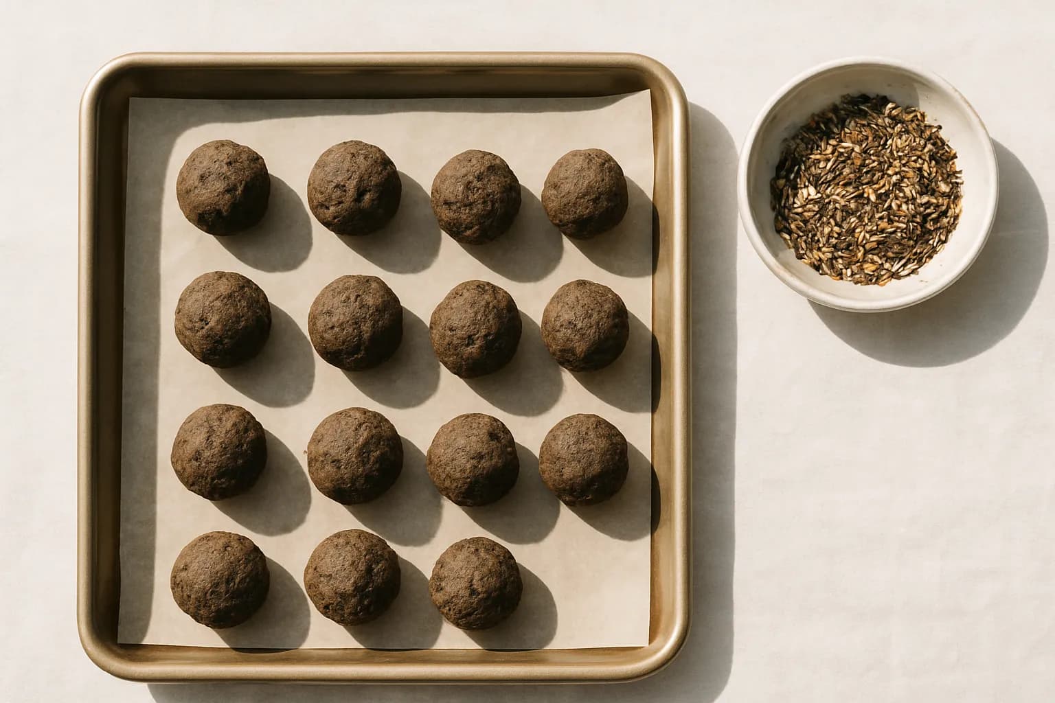 A tray of clay-and-compost seed bombs drying beside wildflower seeds.