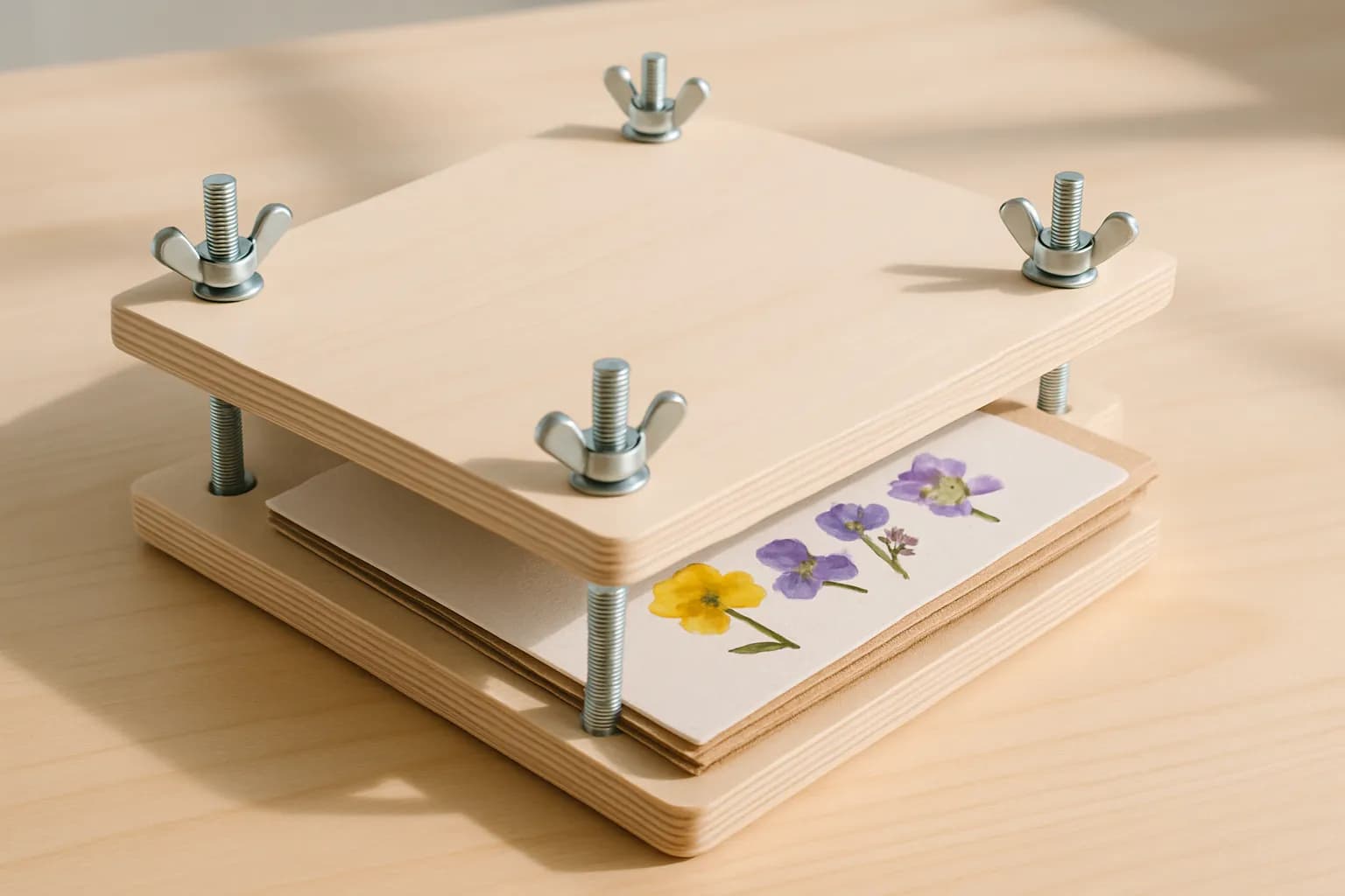 A homemade wooden flower press with wing-nut bolts, partly open to show layers of cardboard and paper with pressed flowers between them, on a clean wooden table