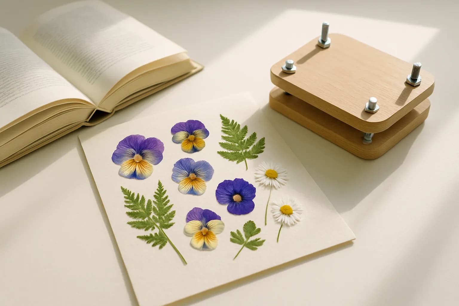 Pressed pansies, ferns, and daisies beside an open book and a wooden flower press.