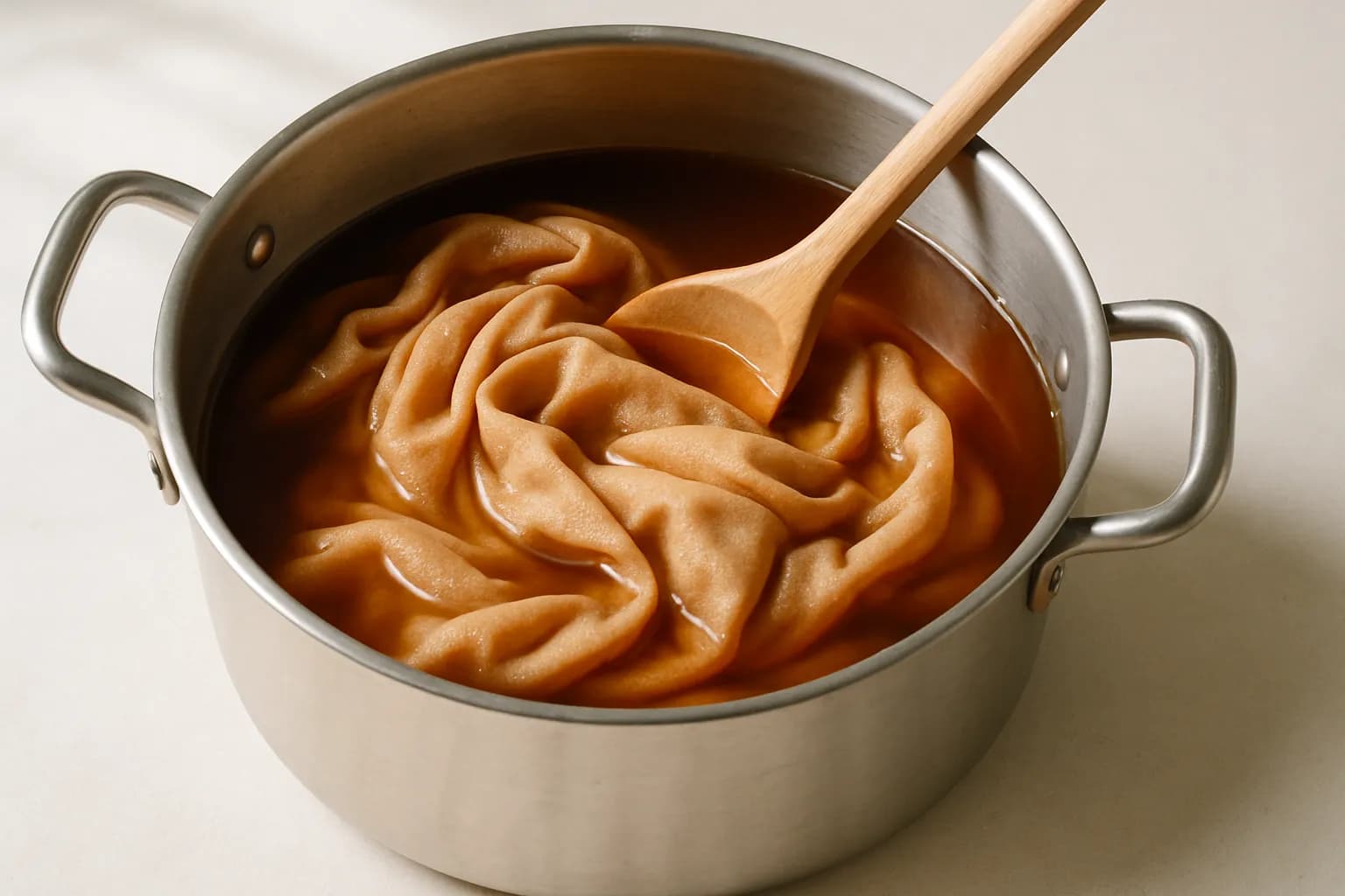 Natural-fibre fabric soaking in a large pot of strong brown tea and being gently stirred, the cloth taking on a soft tan tone