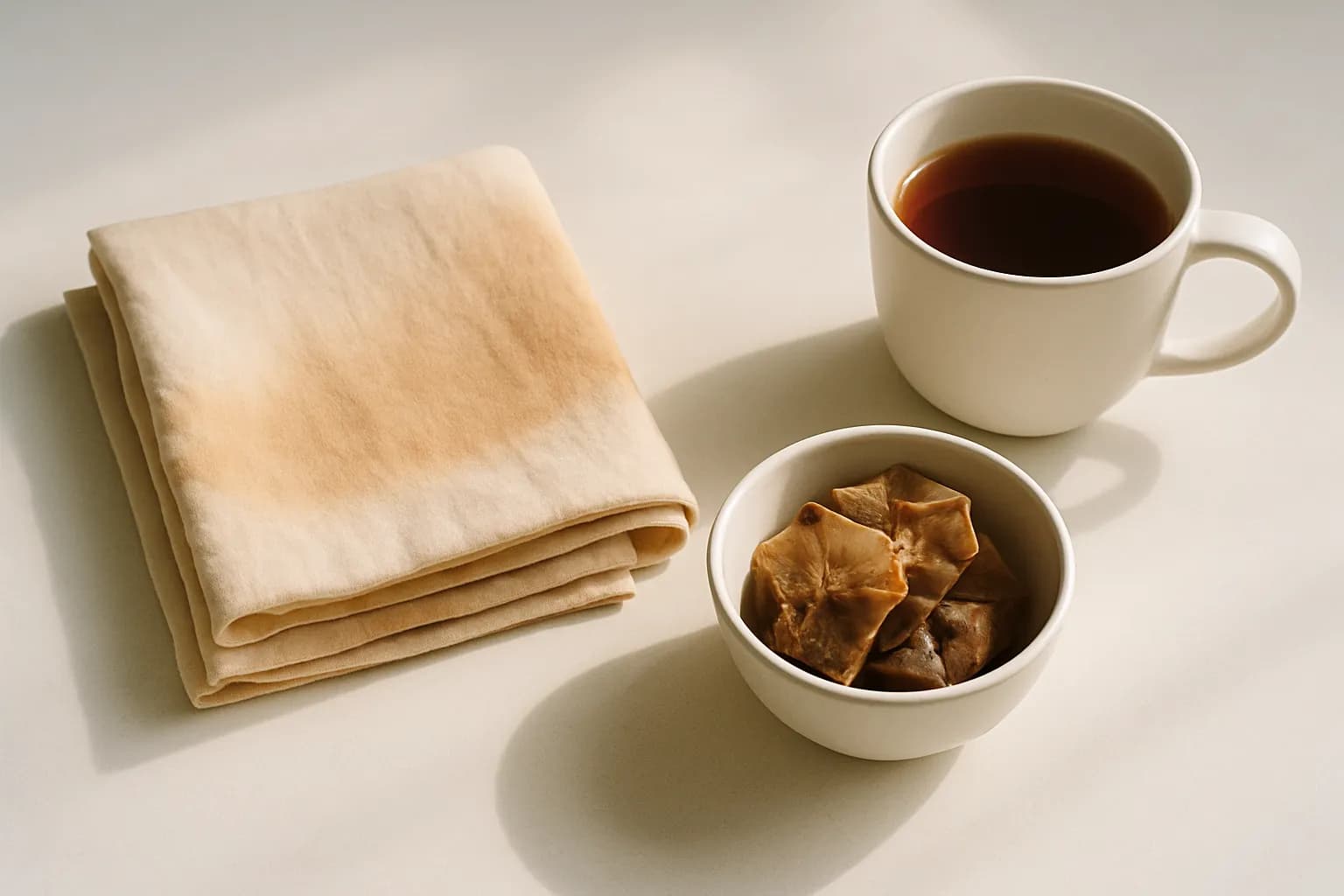 Tea-dyed cotton fabric in soft cream and tan tones beside a bowl of tea bags.