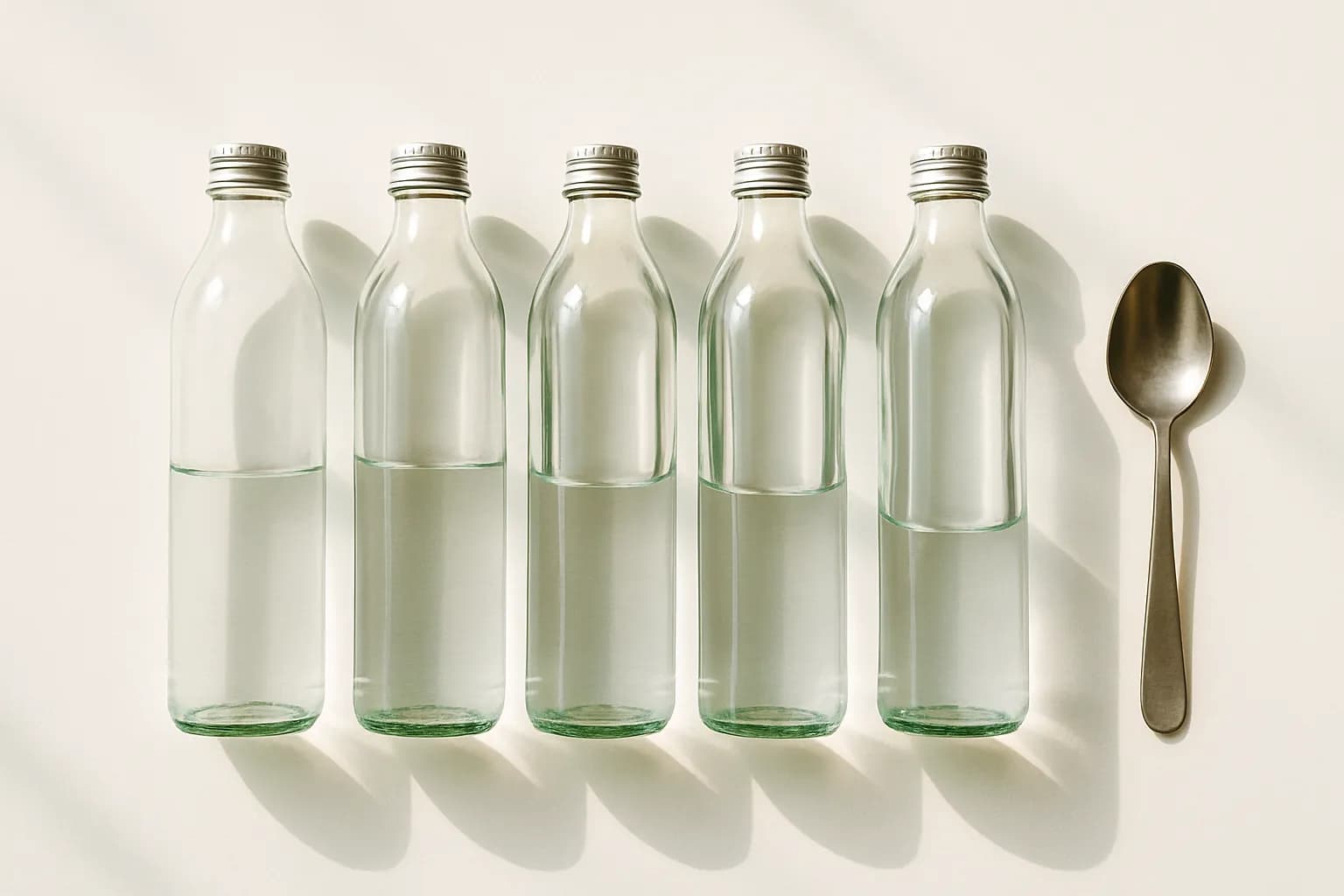 A row of identical bottles filled with different amounts of water beside a spoon, set up as a tuned tapping instrument