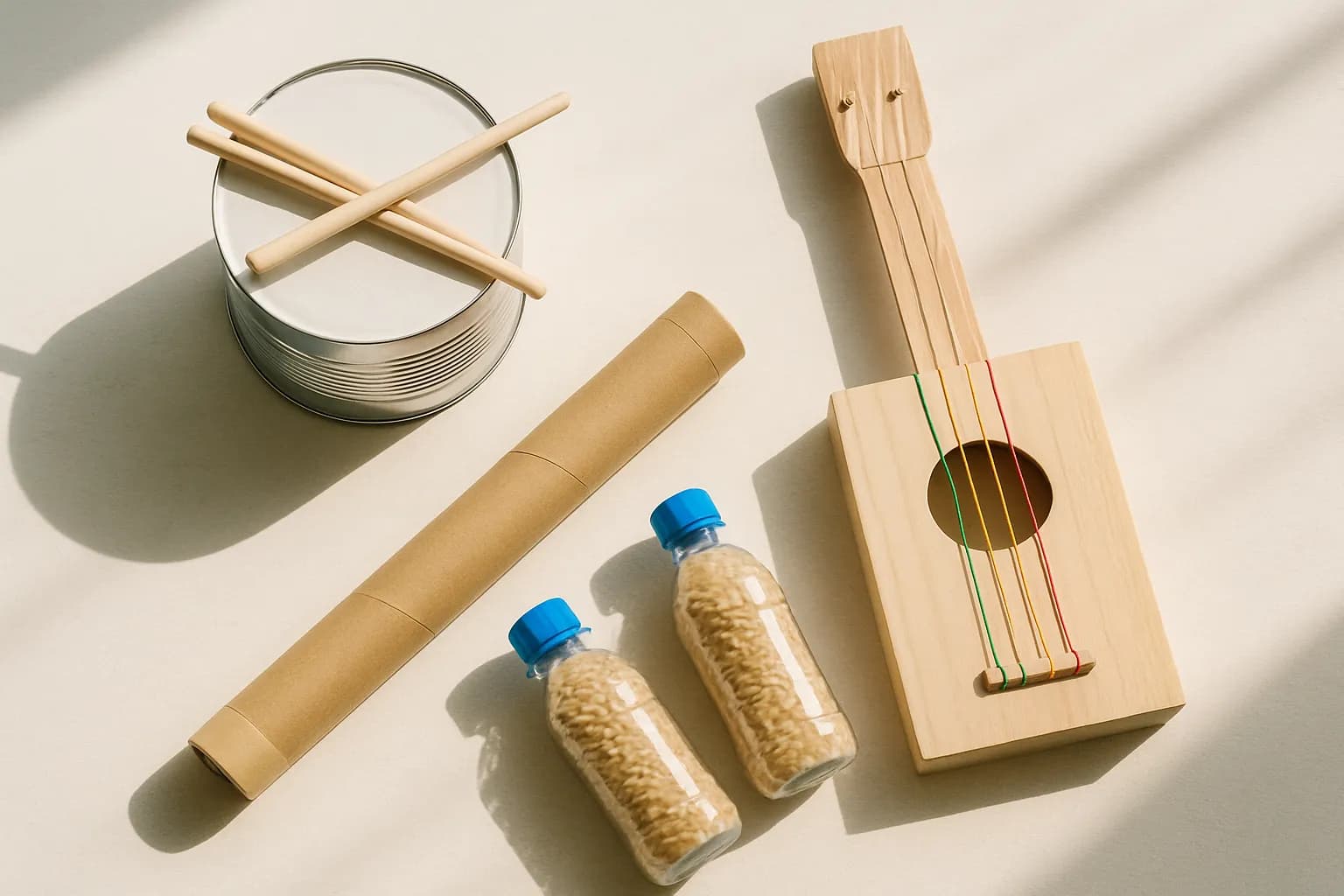 Homemade instruments — a tin drum, box guitar, tube rainmaker, and bottle shakers.