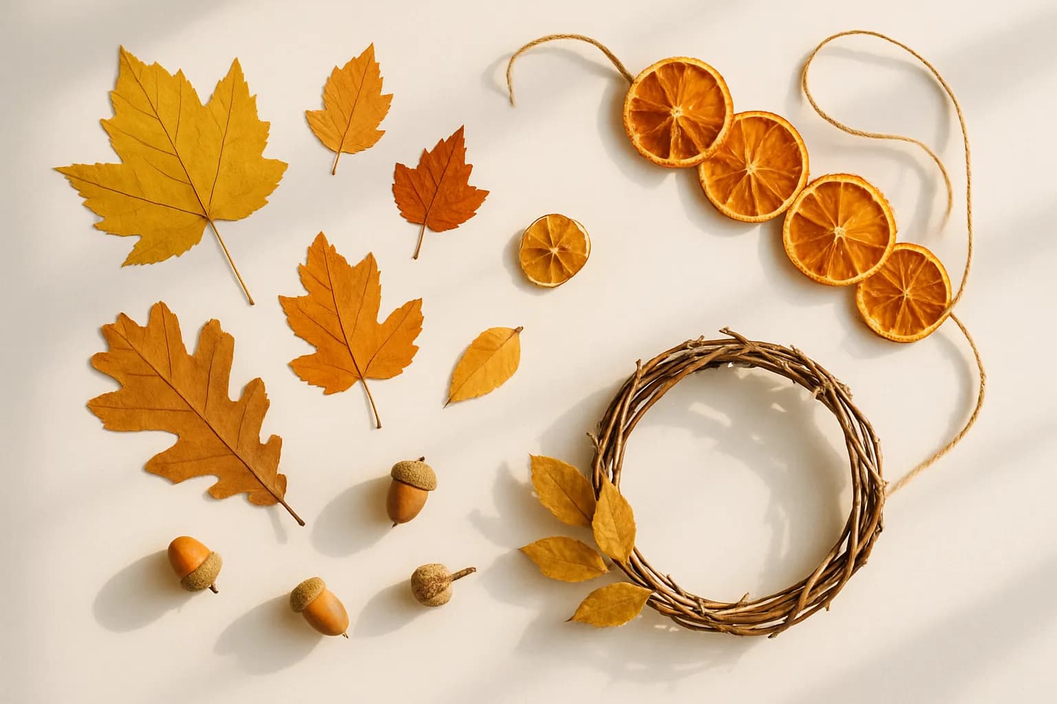 An autumn crafting table — pressed leaves, a half-strung dried orange garland, acorns, and a small foraged wreath in progress