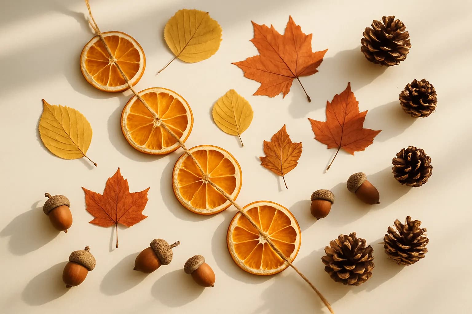 Natural autumn crafts: dried orange garland, pressed leaves, acorns, and pinecones.