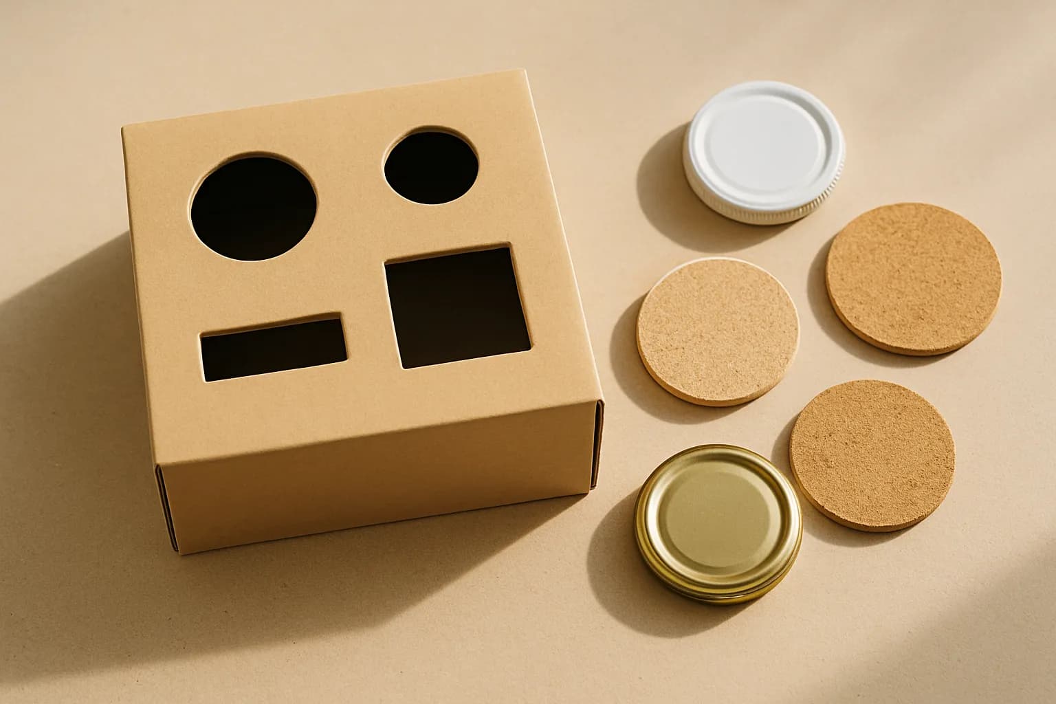A cardboard posting box with different-sized slots and holes cut in the lid, with jar lids and coasters ready to post through, on a craft table