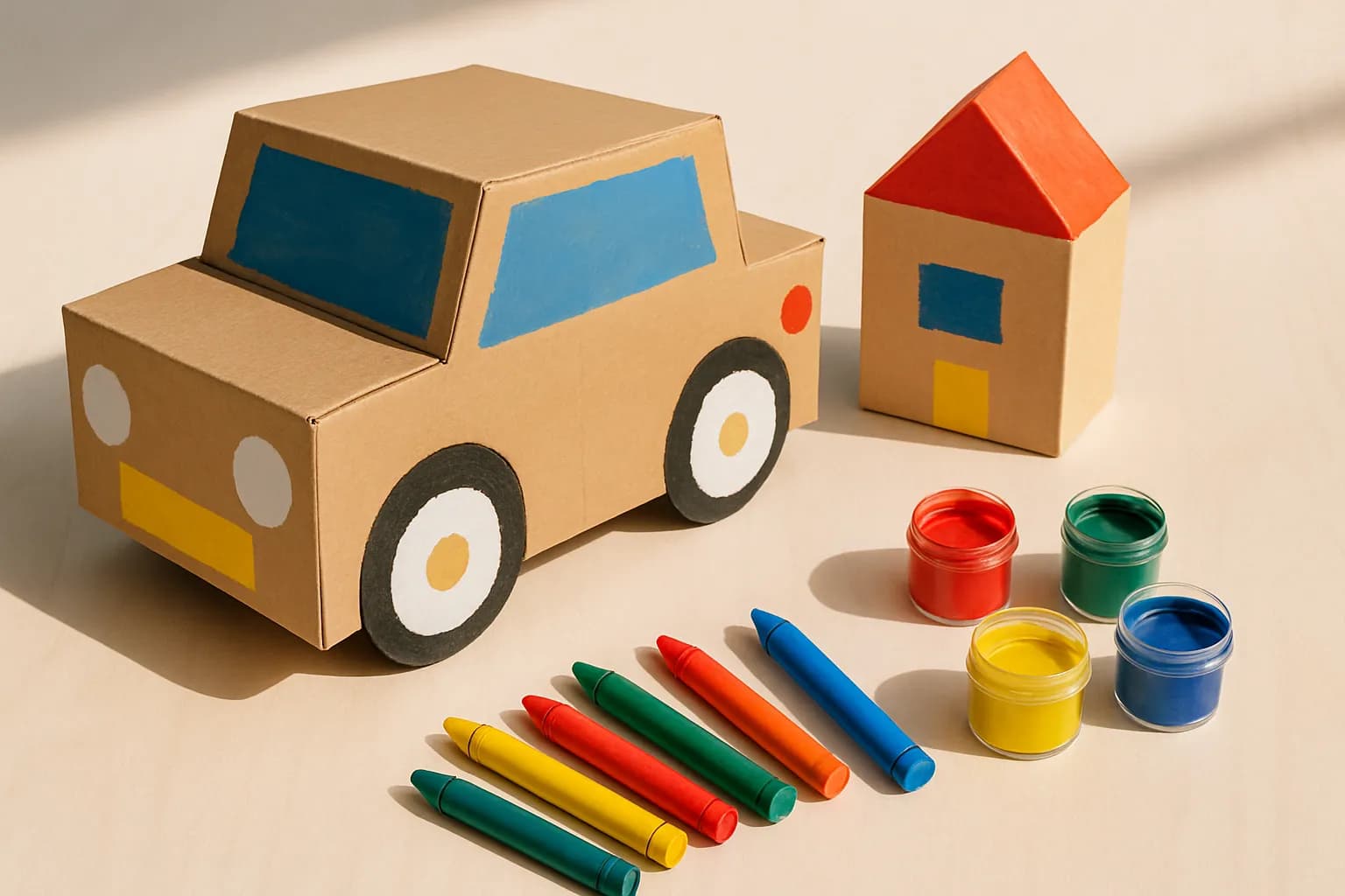 Cardboard boxes decorated as a toy car and house on a craft table.