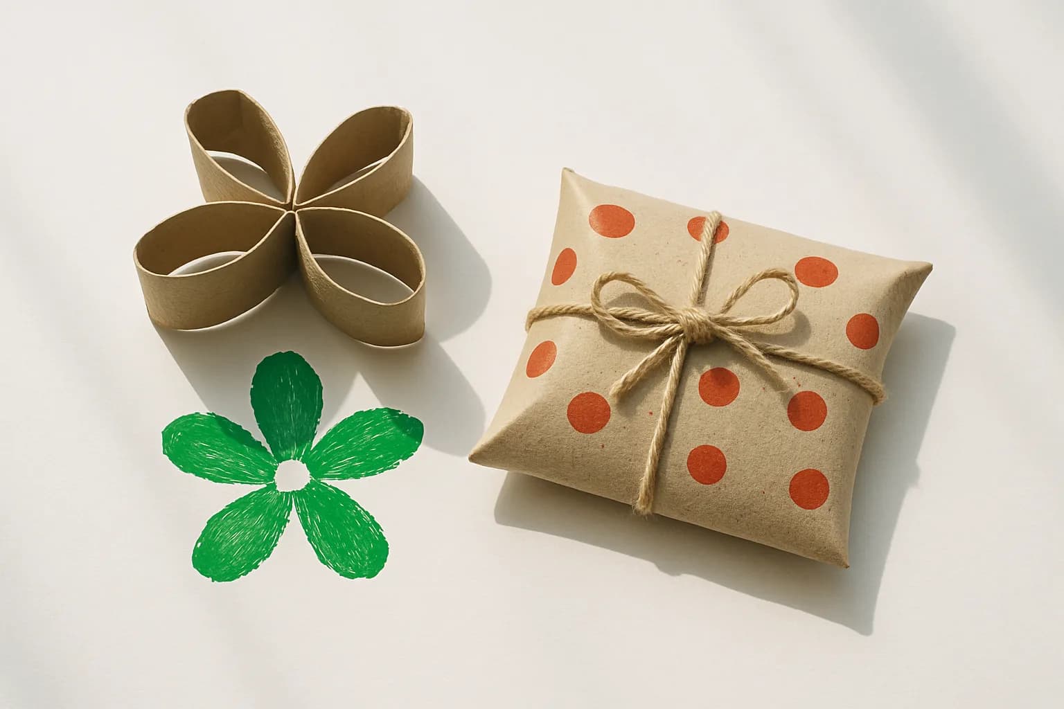 A toilet roll tube flattened and folded into a small decorated gift box beside a tube stamped into a flower shape with paint
