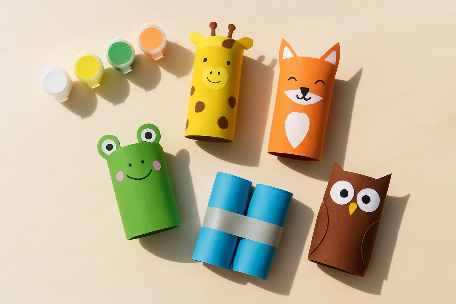 Toilet roll tubes crafted into painted animals and binoculars on a craft table.