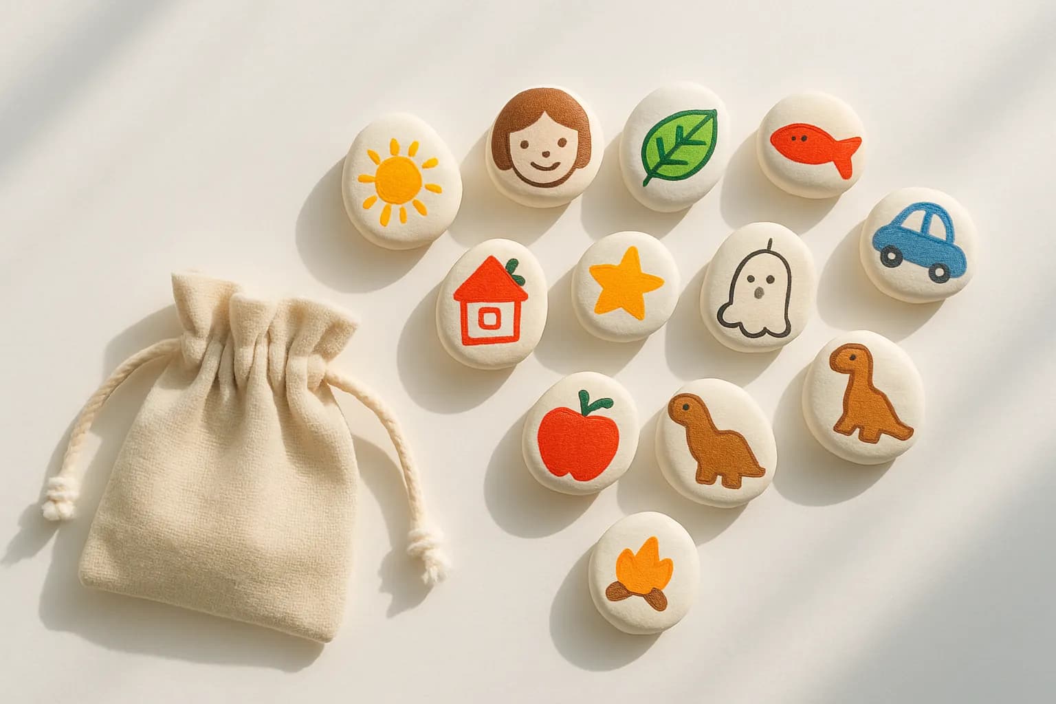 Painted story stones with simple pictures laid out beside a small drawstring pouch