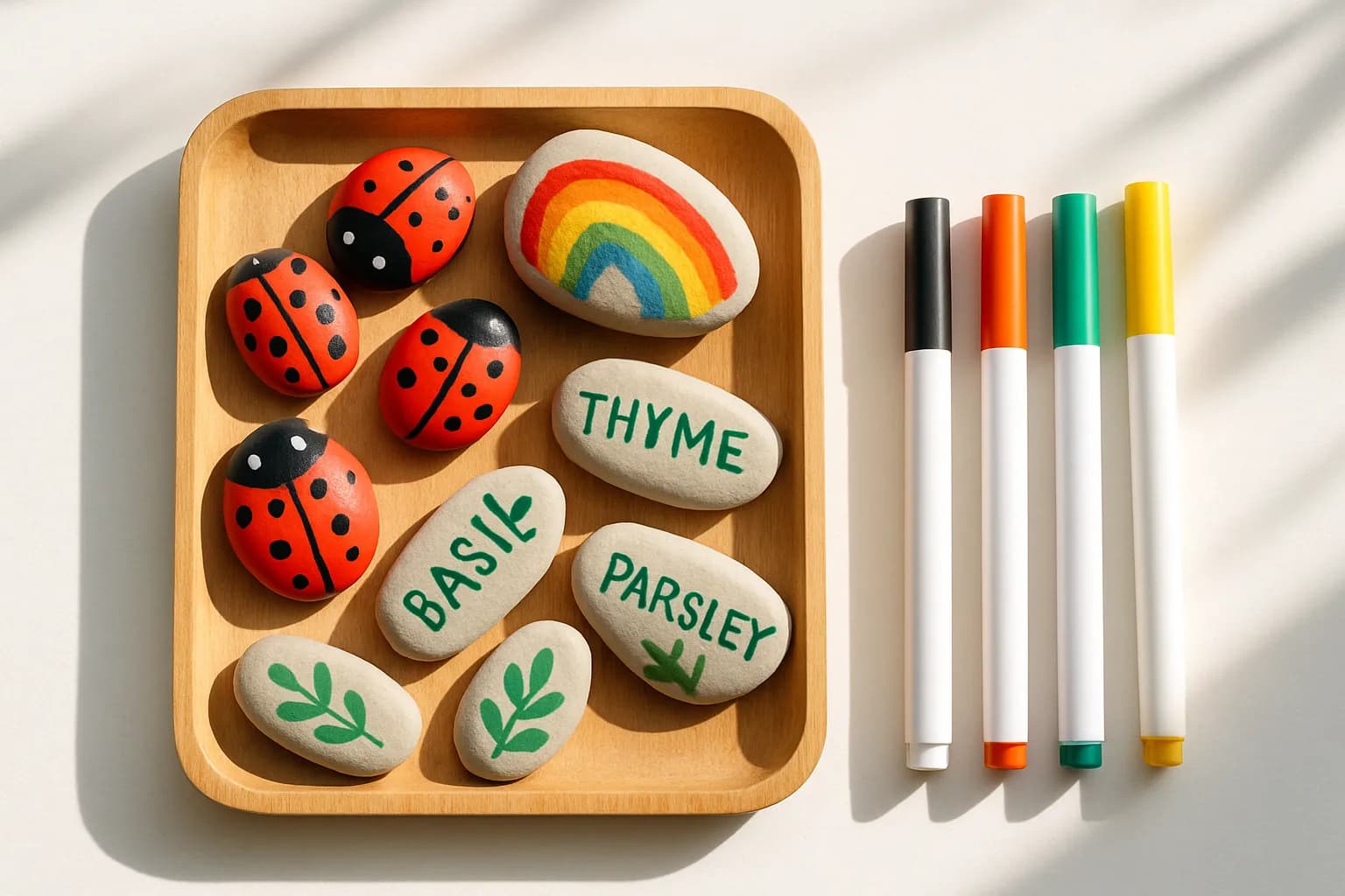 Painted rocks — ladybugs, a rainbow, and garden markers — drying on a tray with paint pens.