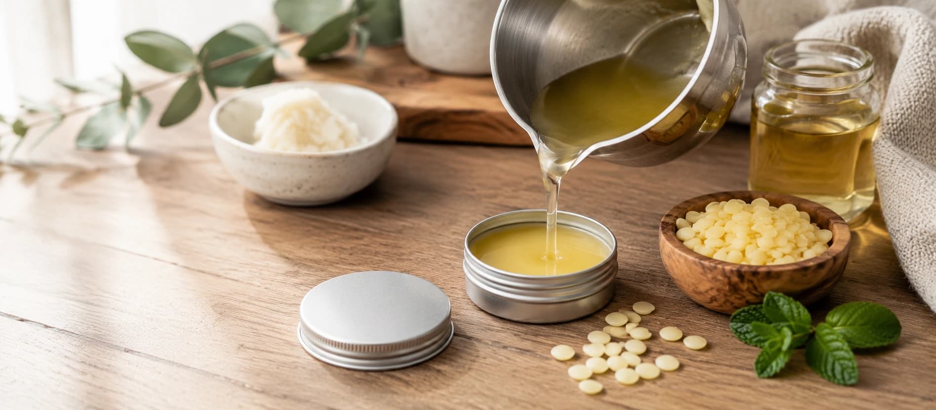 Homemade lip balm being poured into a small metal tin beside beeswax pastilles and a jar of oil.