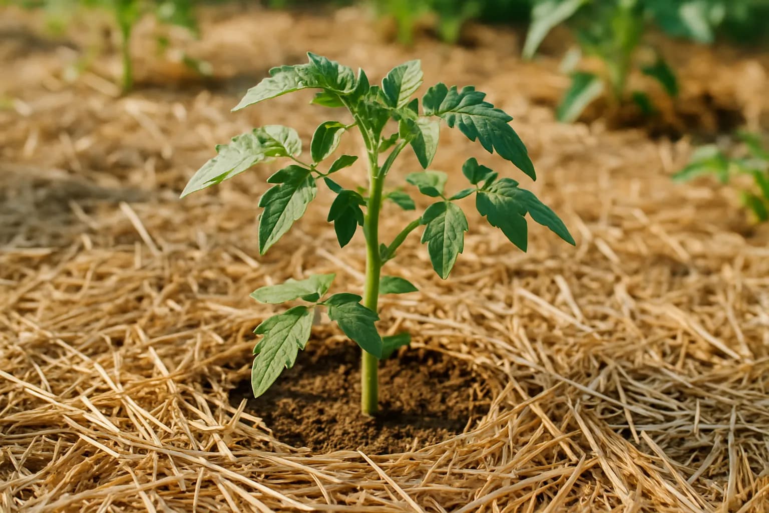 A close-up of straw mulch spread around the base of a vegetable plant with a clear ring of space around the stem