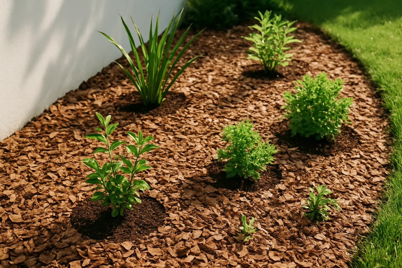 A garden bed mulched with bark chips, with a clear collar of space around each stem.