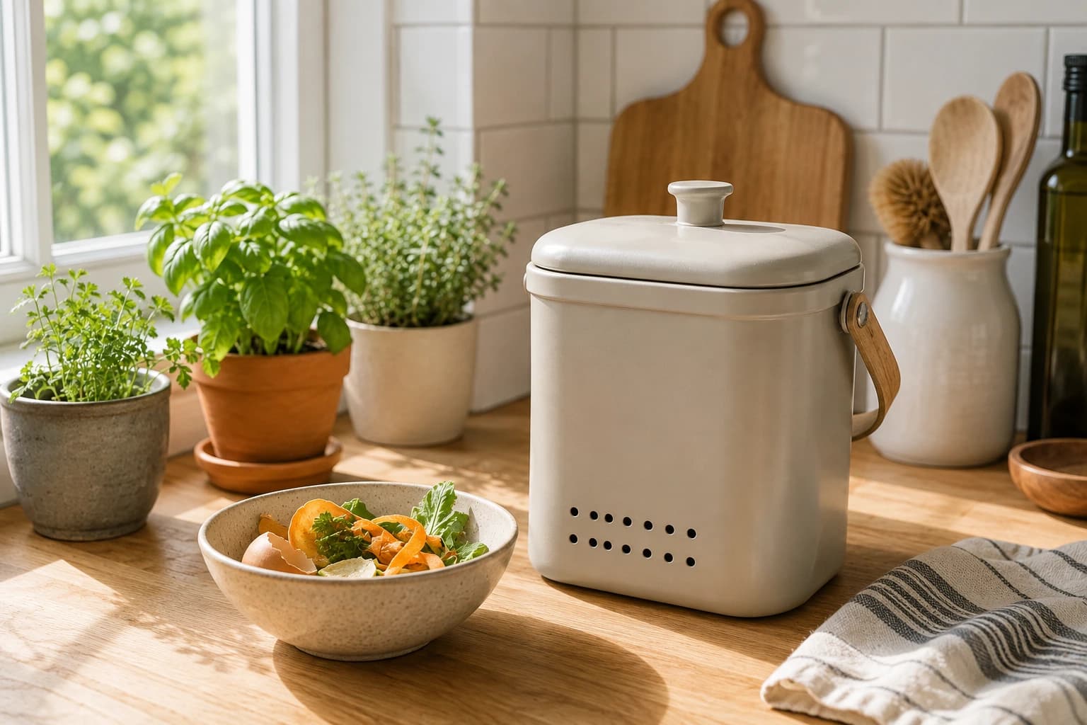 A compact countertop compost bin on an apartment kitchen counter beside potted herbs and a bowl of vegetable scraps.