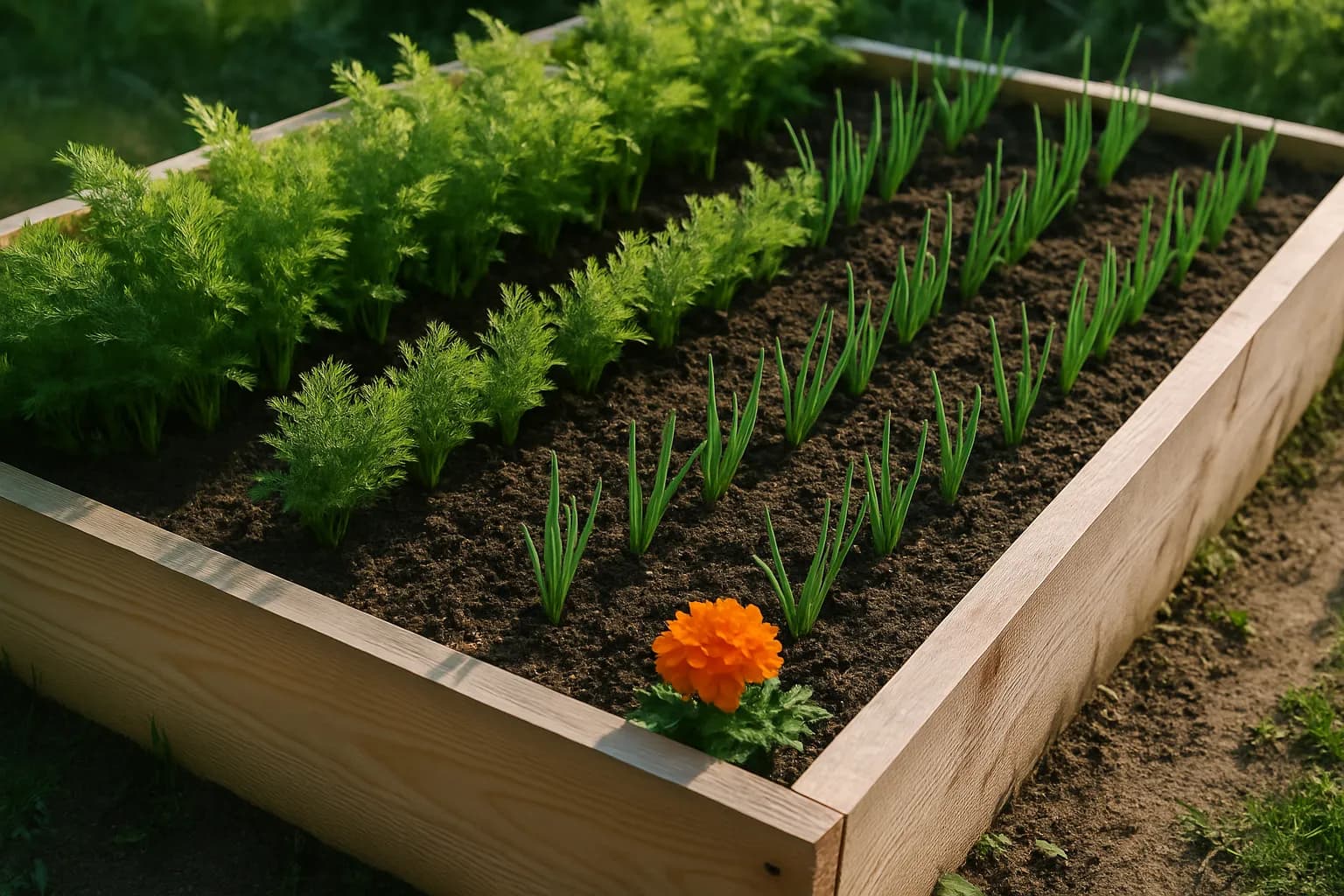 A raised bed corner showing carrots and onions growing in alternating rows with a marigold at the end