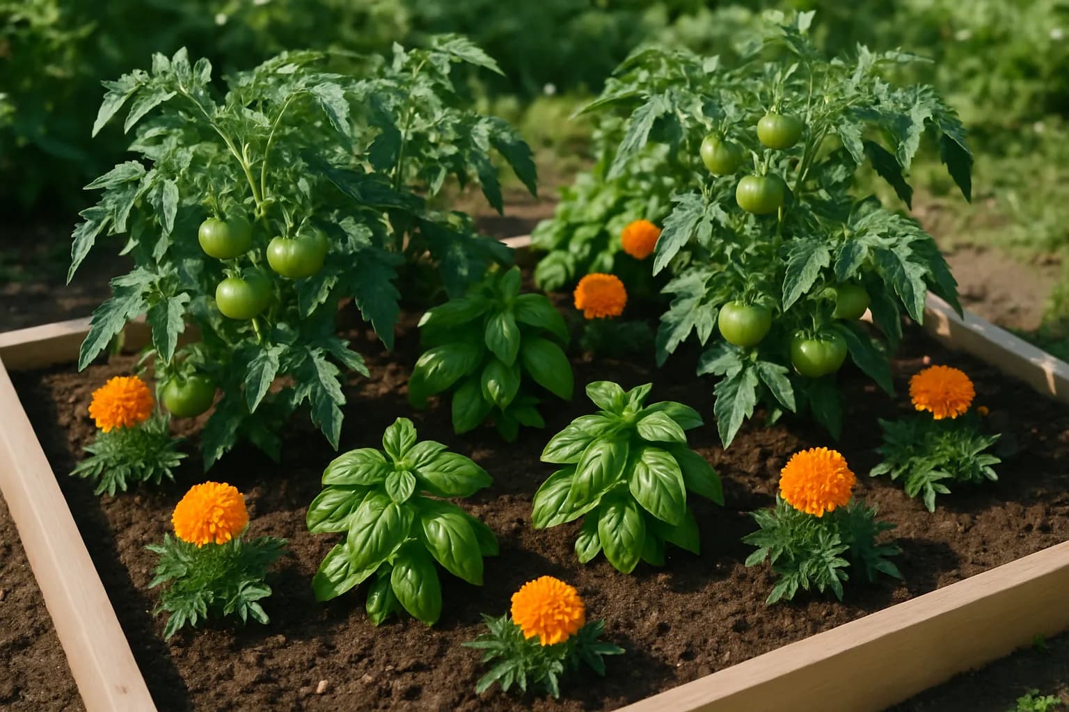 A vegetable bed with tomatoes, basil, and marigolds interplanted as companions.