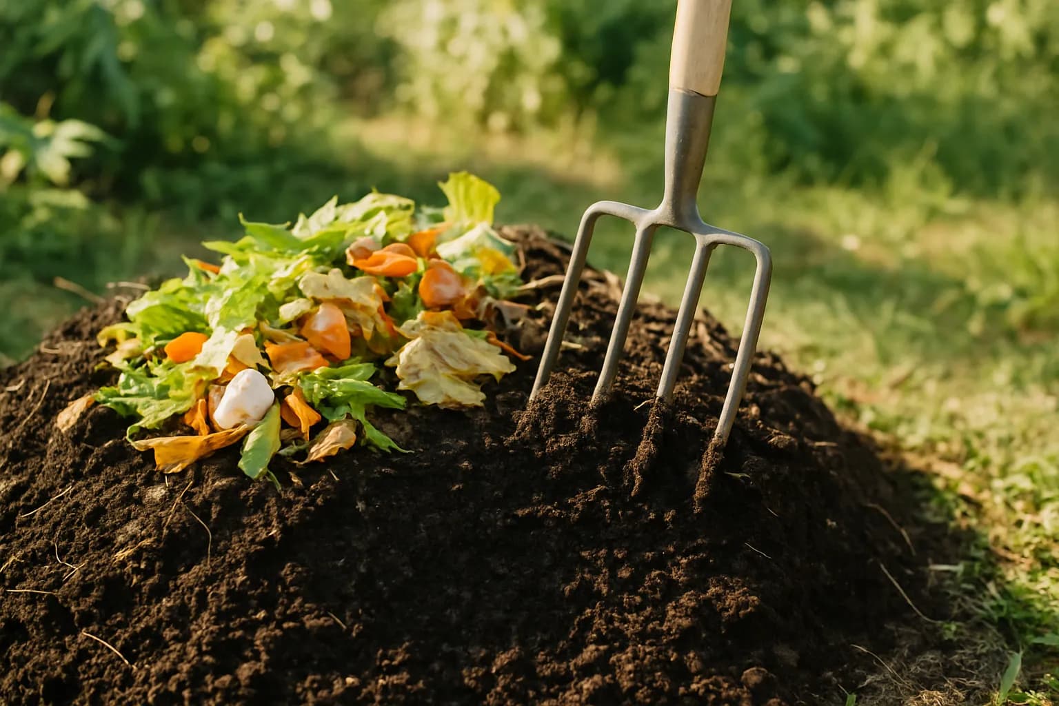 A garden fork turning a compost heap, showing dark crumbly finished compost at the base and fresher scraps and leaves on top