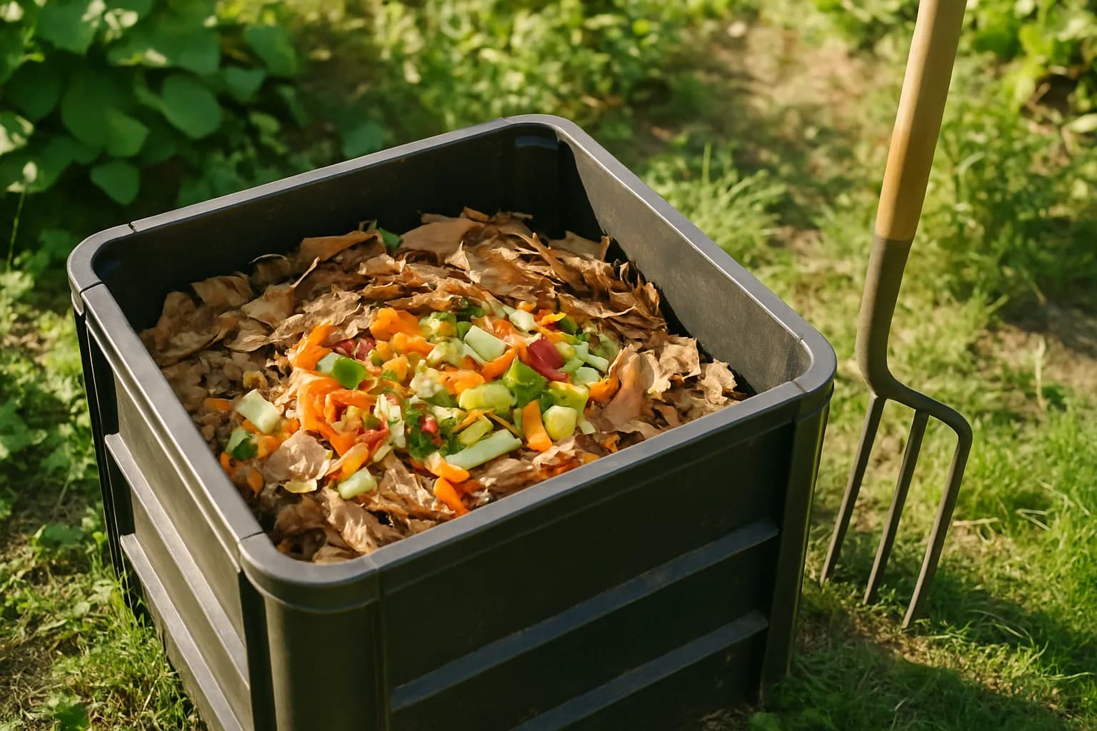 An open garden compost bin showing layered vegetable scraps and dry leaves with a fork.