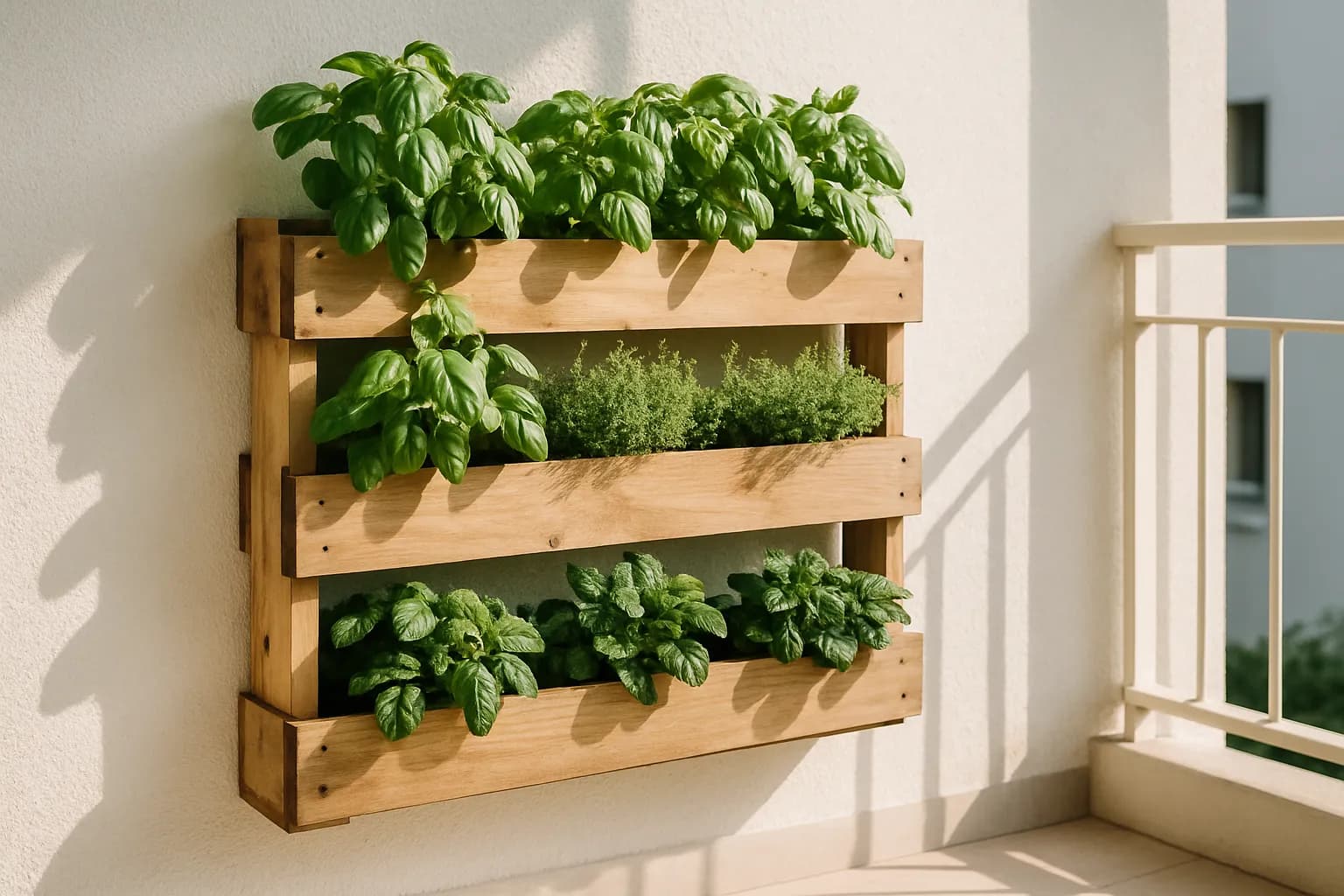 A vertical herb garden made from an upcycled wooden pallet mounted on a balcony wall, with rows of basil, thyme, and mint growing in the slats
