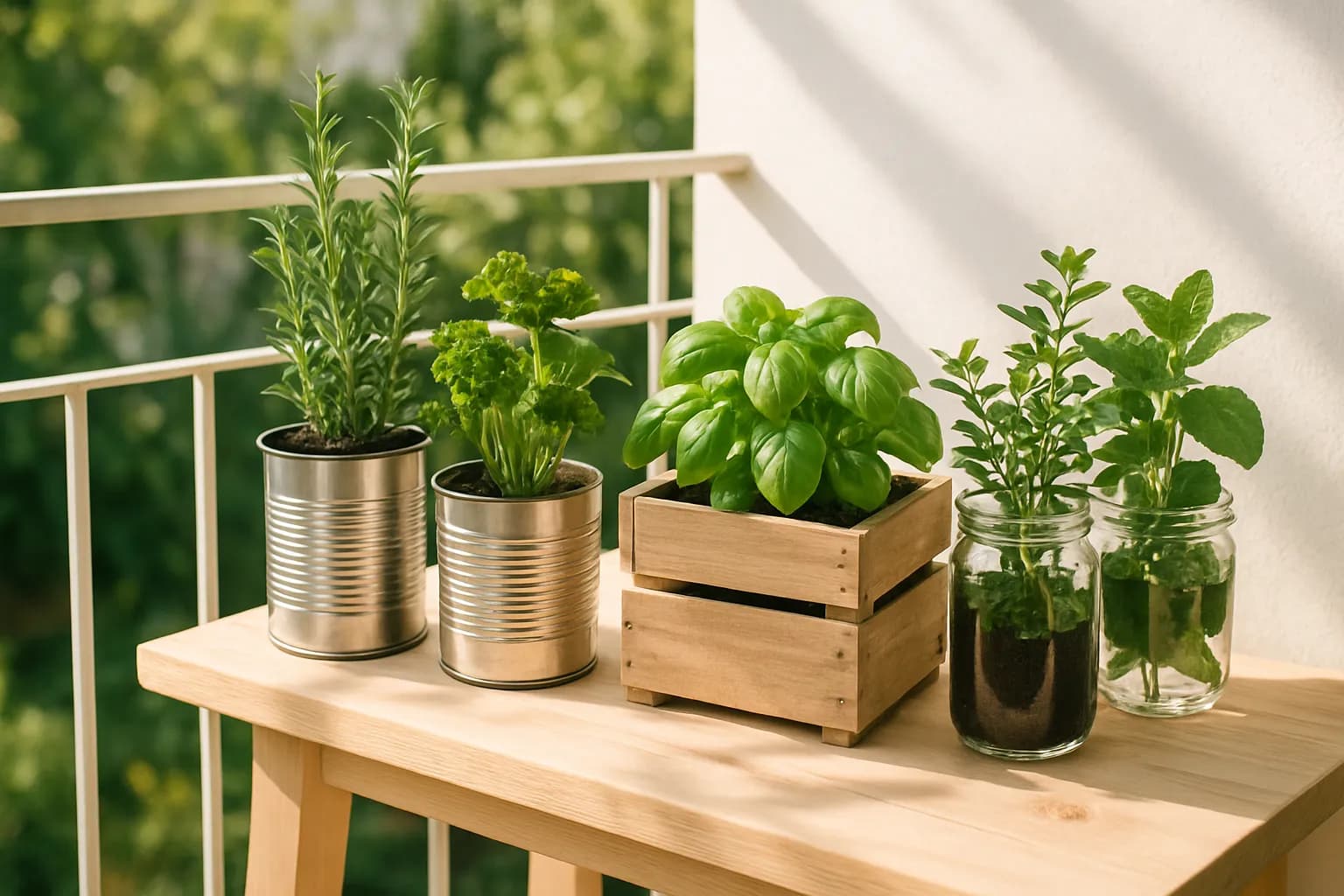 A small zero-waste herb garden grown in upcycled tins, jars, and a wooden crate on a balcony.
