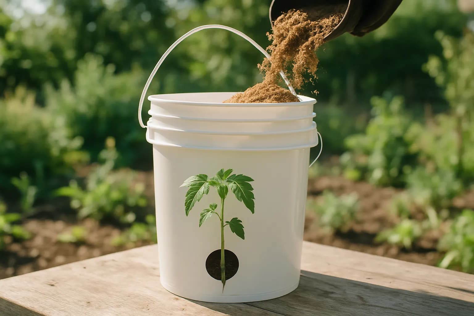 A bright, minimalist, high-quality photograph showing the build steps of an upside-down bucket planter: a white bucket with a hole cut in the base and a young tomato seedling threaded through, on a clean workbench with light potting mix nearby