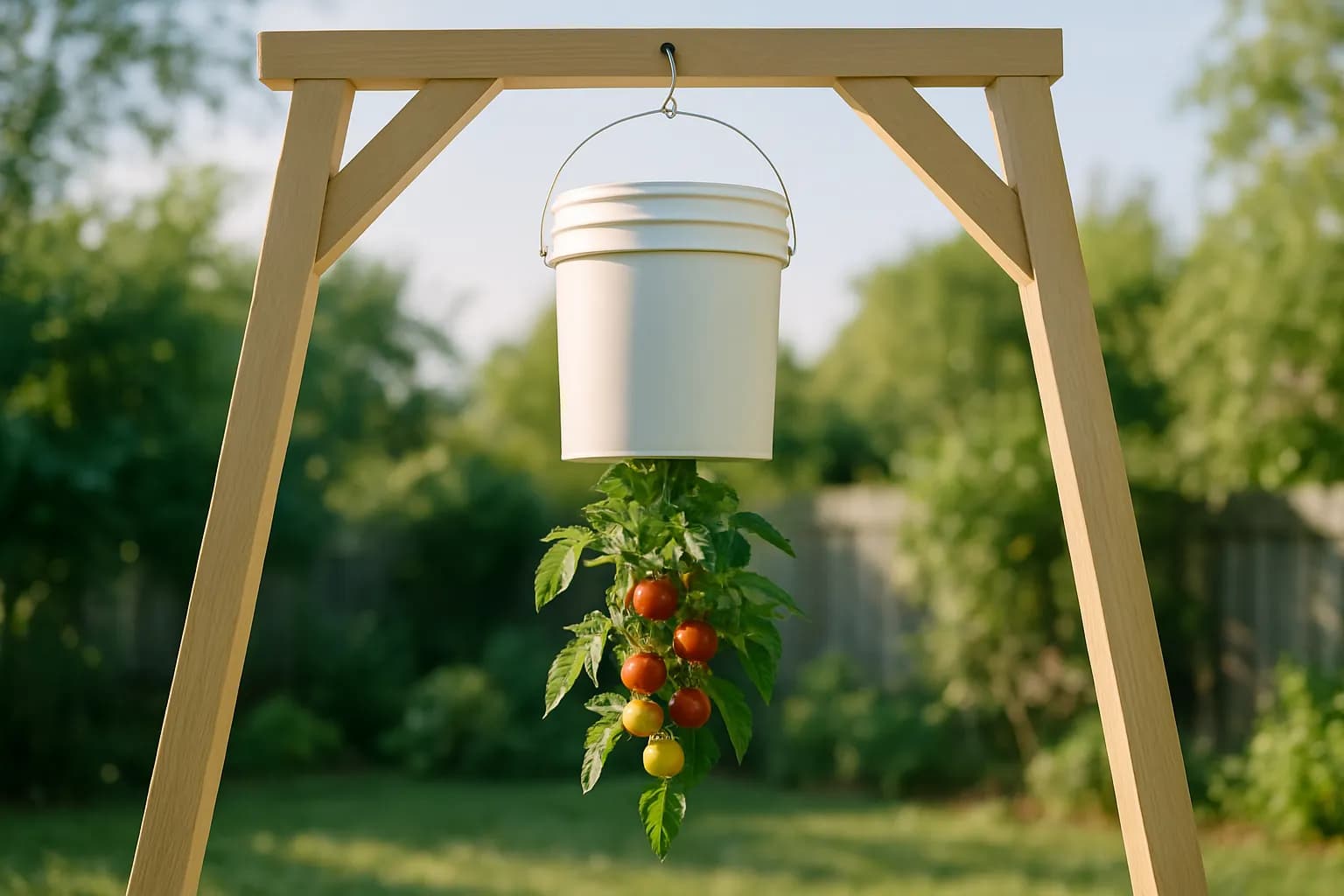 An upside-down tomato planter made from a white bucket, with a cherry tomato plant trailing from the base.